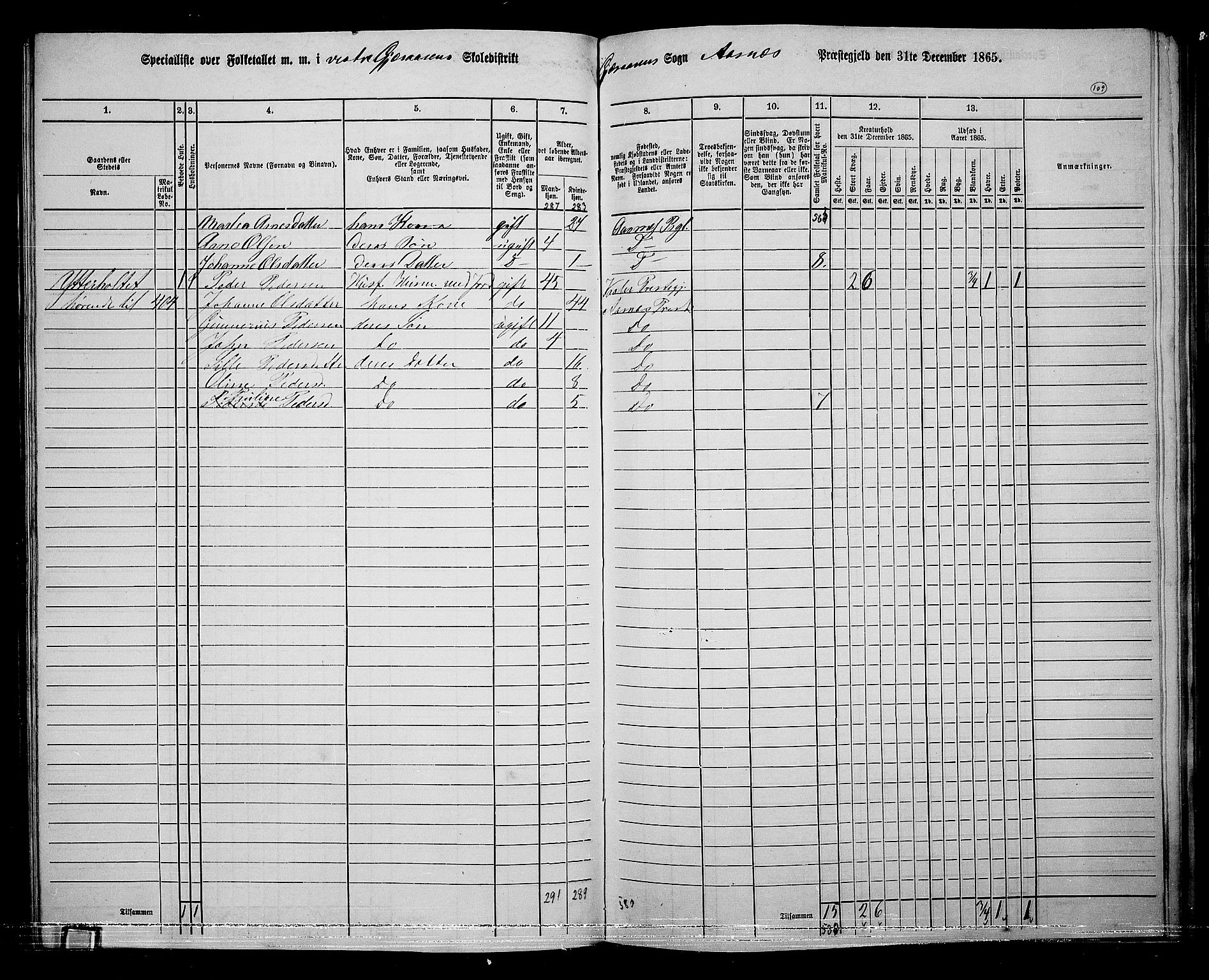 RA, 1865 census for Åsnes, 1865, p. 103