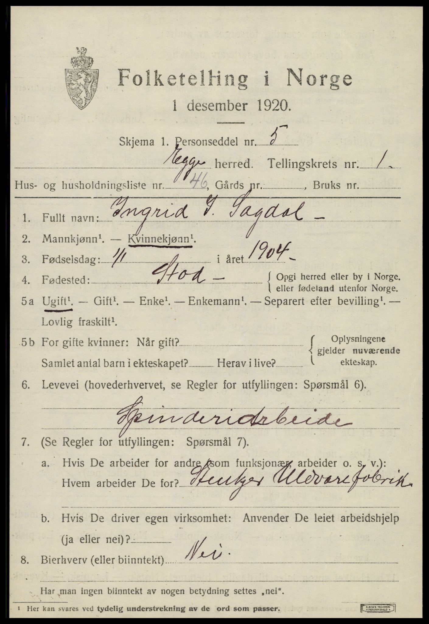 SAT, 1920 census for Egge, 1920, p. 1028