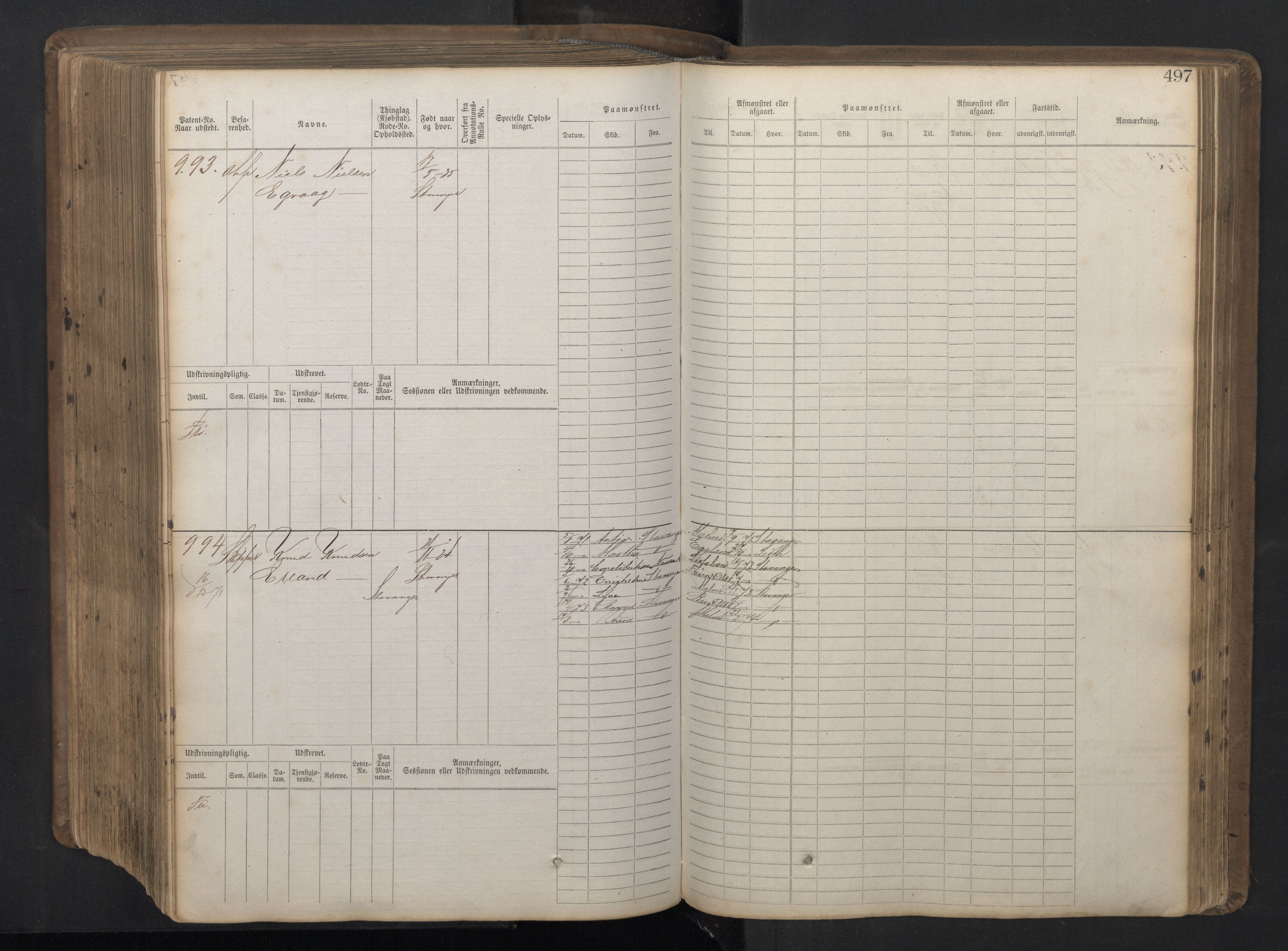 Stavanger sjømannskontor, AV/SAST-A-102006/F/Fb/Fbb/L0016: Sjøfartshovedrulle patnentnr. 1-1202 (dublett), 1869, p. 497