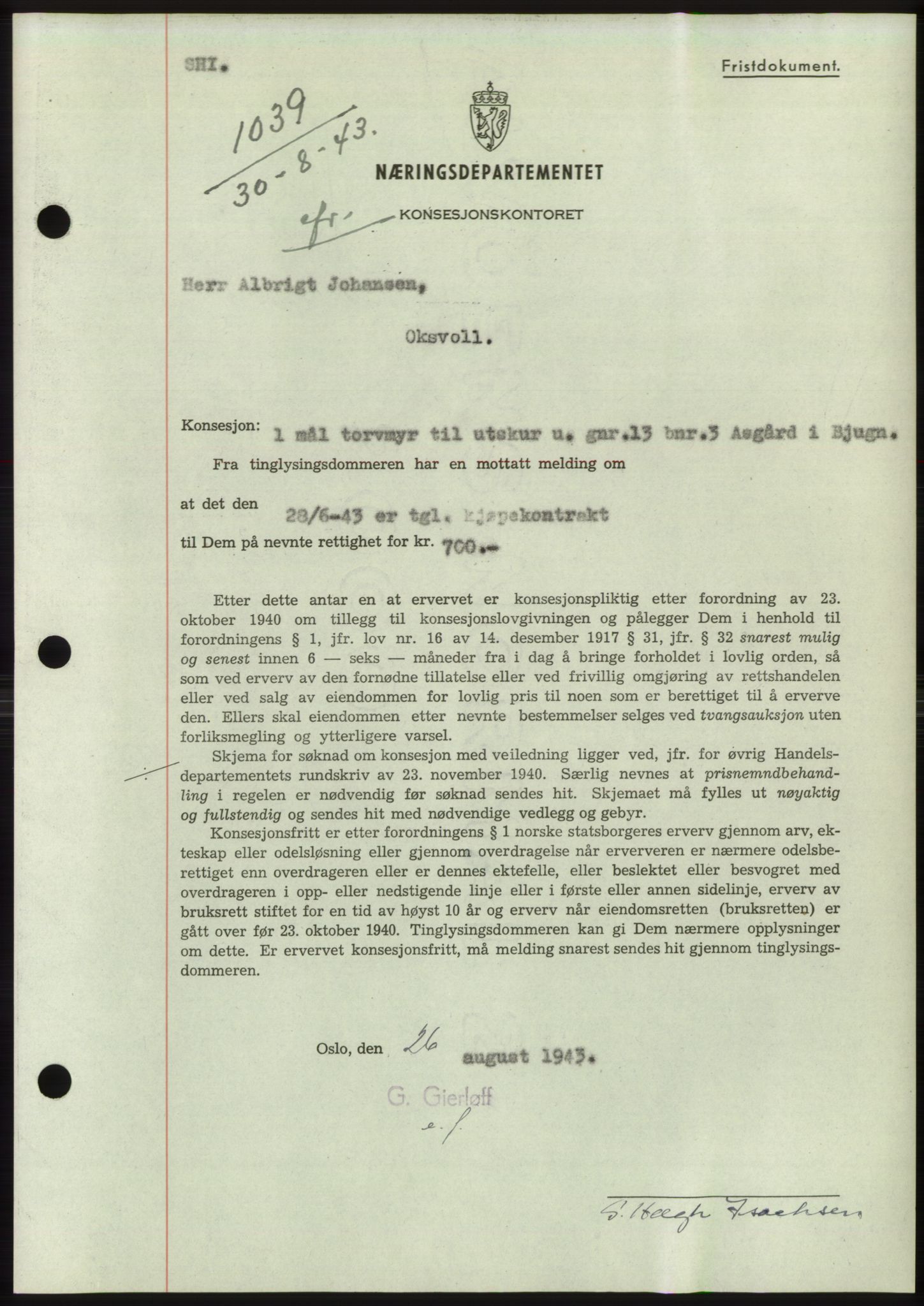 Fosen sorenskriveri, AV/SAT-A-1107/1/2/2C: Mortgage book no. B1, 1943-1946, Diary no: : 1039/1943