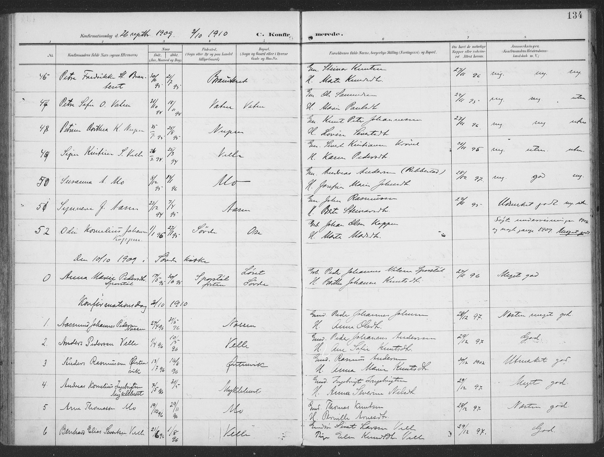 Ministerialprotokoller, klokkerbøker og fødselsregistre - Møre og Romsdal, SAT/A-1454/513/L0178: Parish register (official) no. 513A05, 1906-1919, p. 134