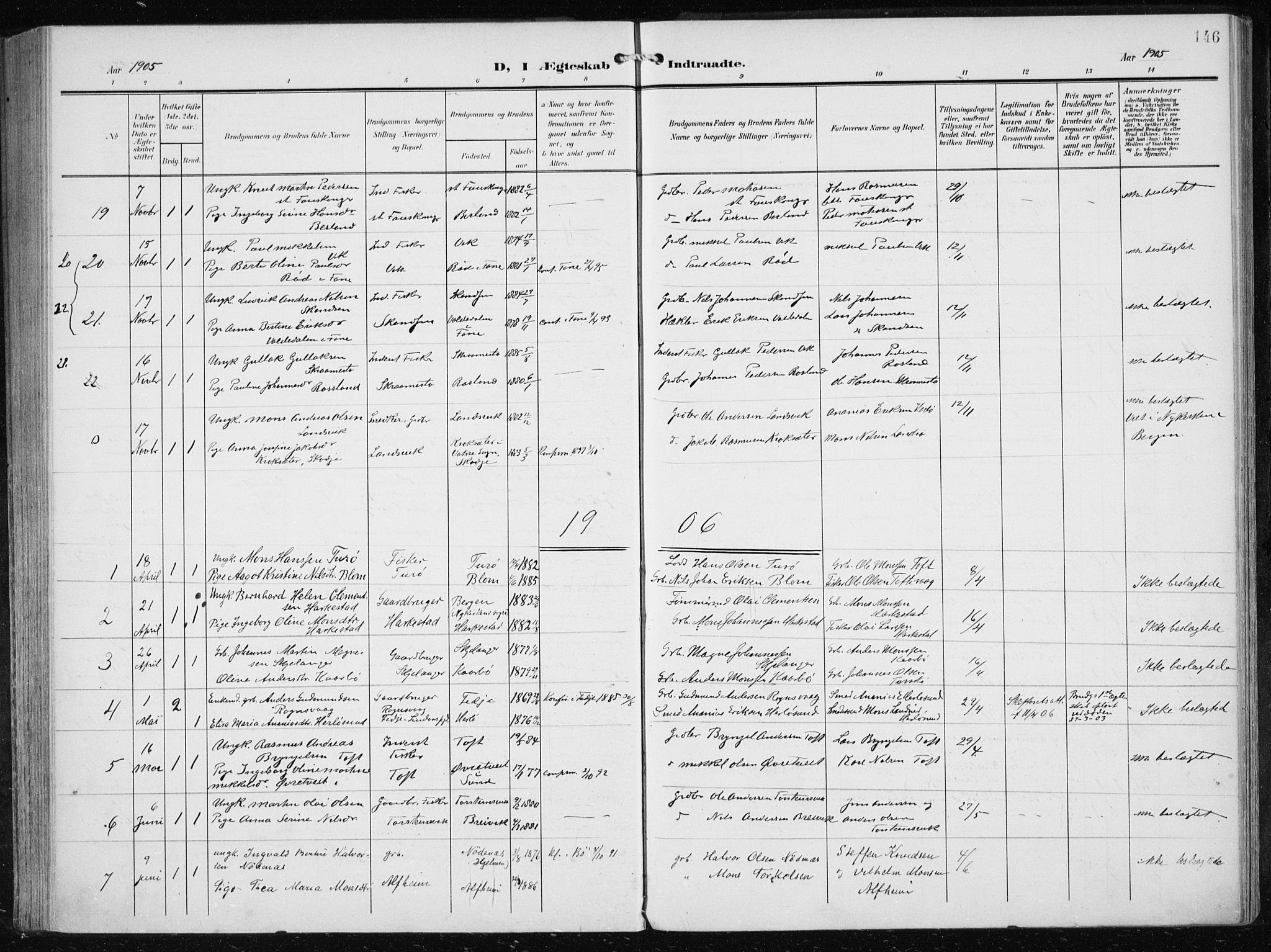 Herdla Sokneprestembete, SAB/A-75701/H/Haa: Parish register (official) no. A 5, 1905-1918, p. 146