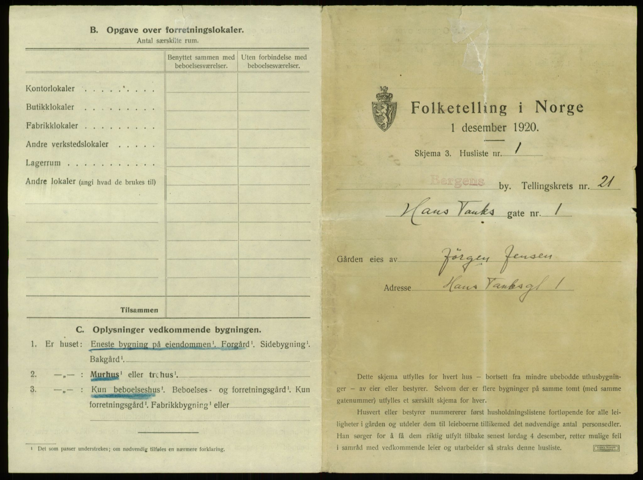 SAB, 1920 census for Bergen, 1920, p. 2164