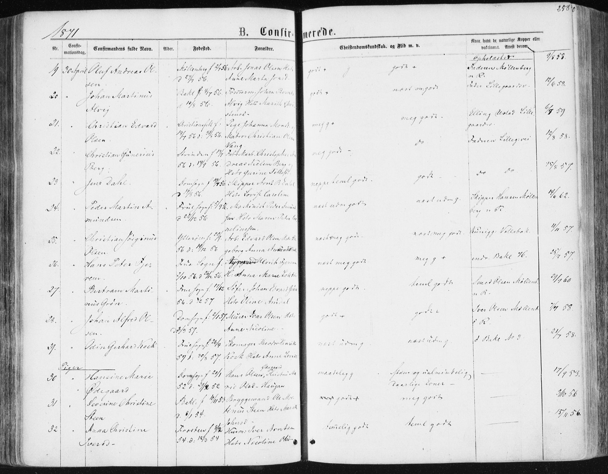 Ministerialprotokoller, klokkerbøker og fødselsregistre - Sør-Trøndelag, AV/SAT-A-1456/604/L0186: Parish register (official) no. 604A07, 1866-1877, p. 258