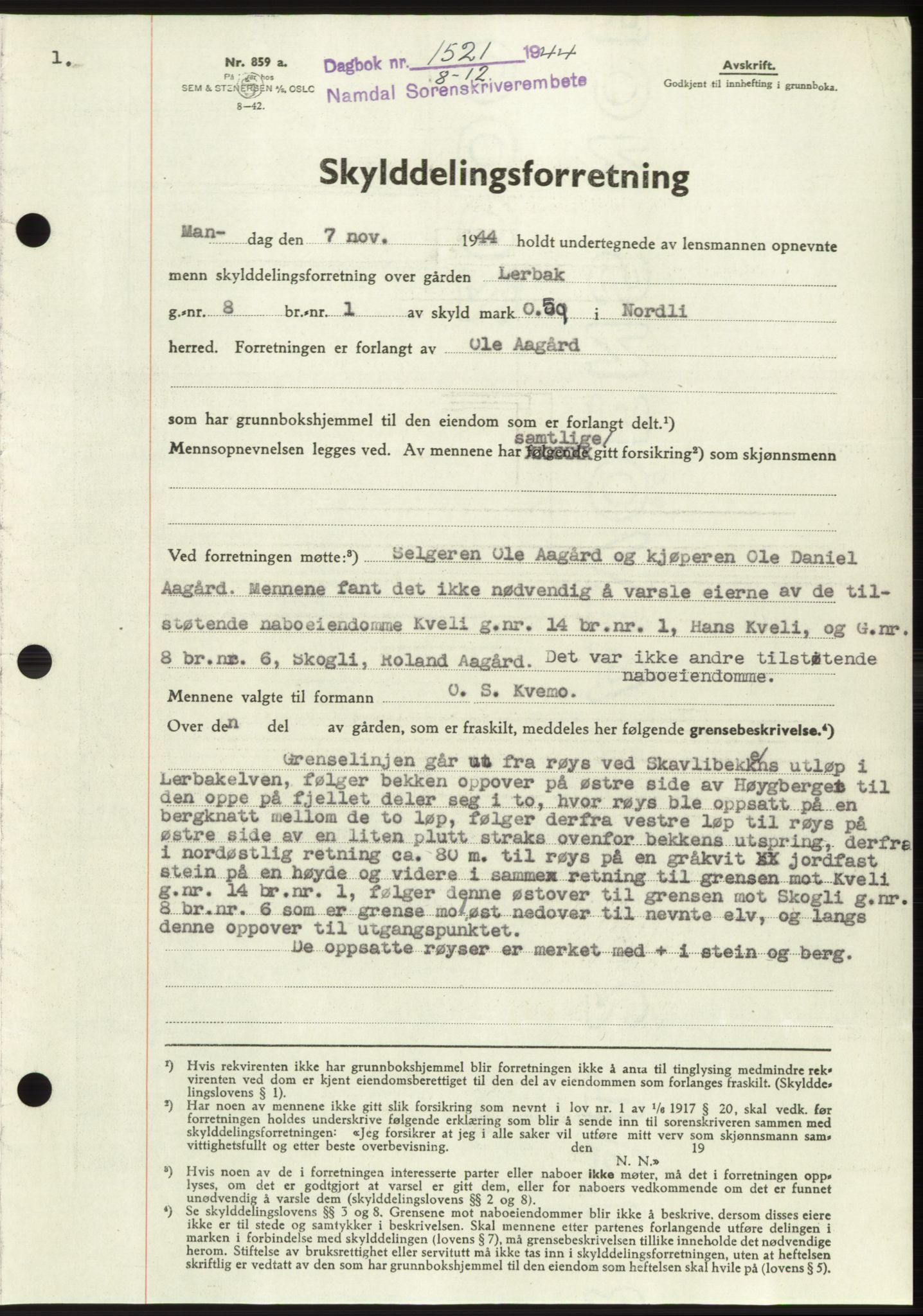 Namdal sorenskriveri, AV/SAT-A-4133/1/2/2C: Mortgage book no. -, 1944-1945, Diary no: : 1521/1944