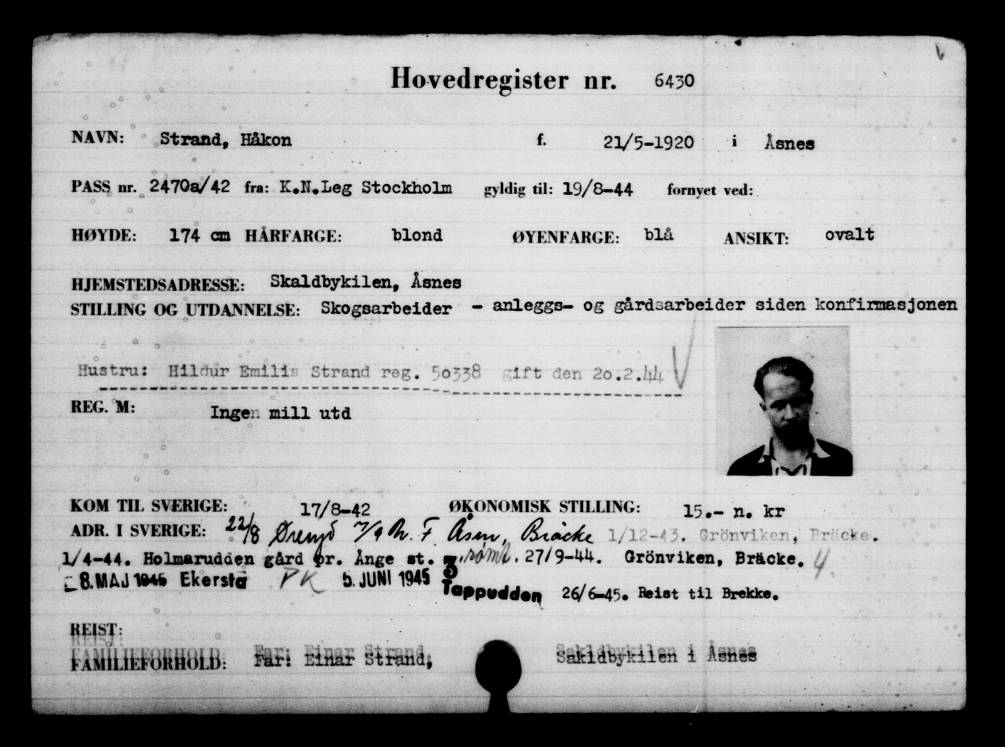 Utenriksstasjonene, Legasjonen i Stockholm, Flyktningkontoret, AV/RA-S-6753/V/Va/L0004: Kjesäterkartoteket, flyktninger med registreringsnr. 3496-6610, 1940-1945, p. 3470