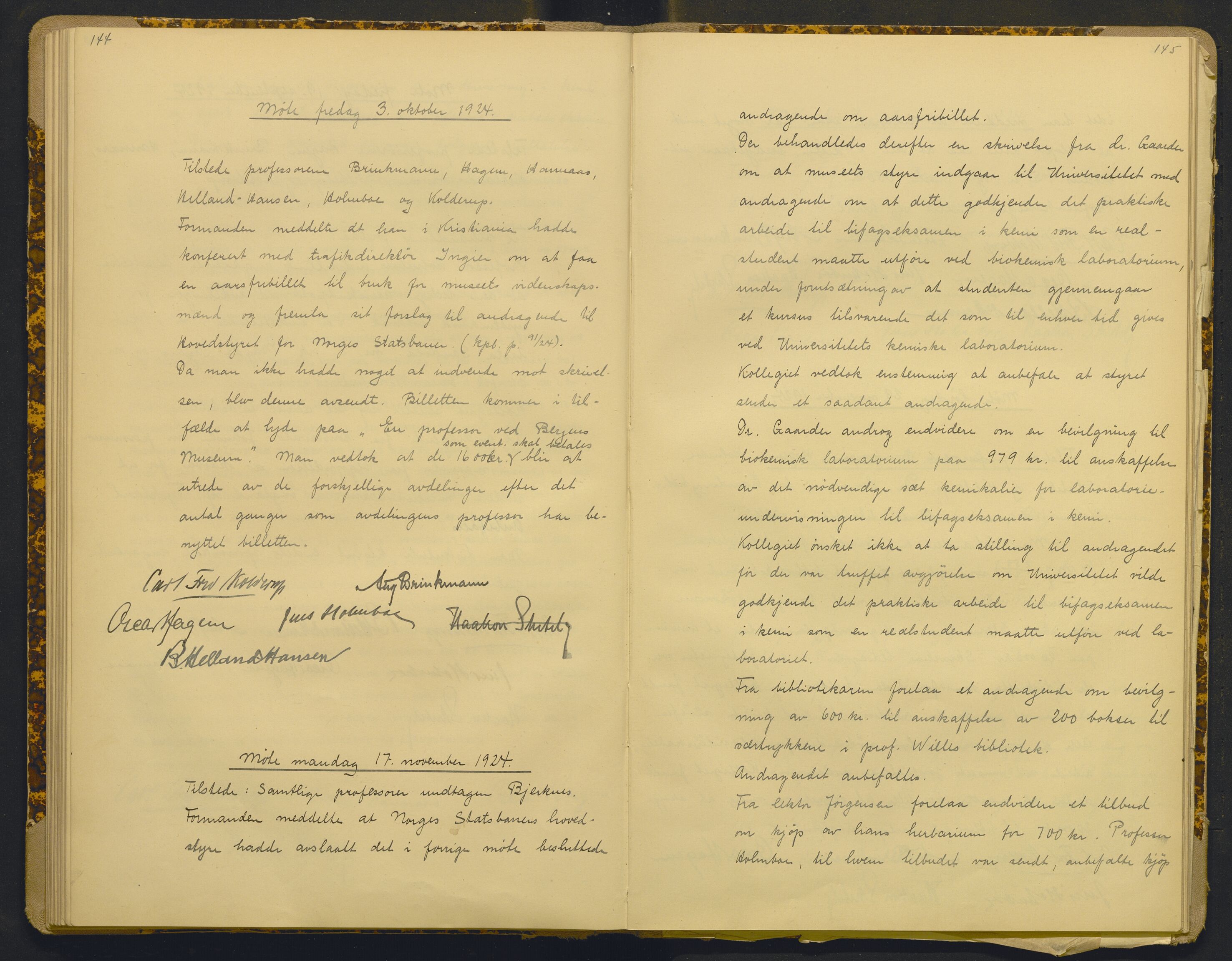Bergens Museum, AV/SAB-A-17301/18/A/L0001: Bestyrerkollegiets forhandlingsprotokoll med register , 1907-1927, p. 144-145