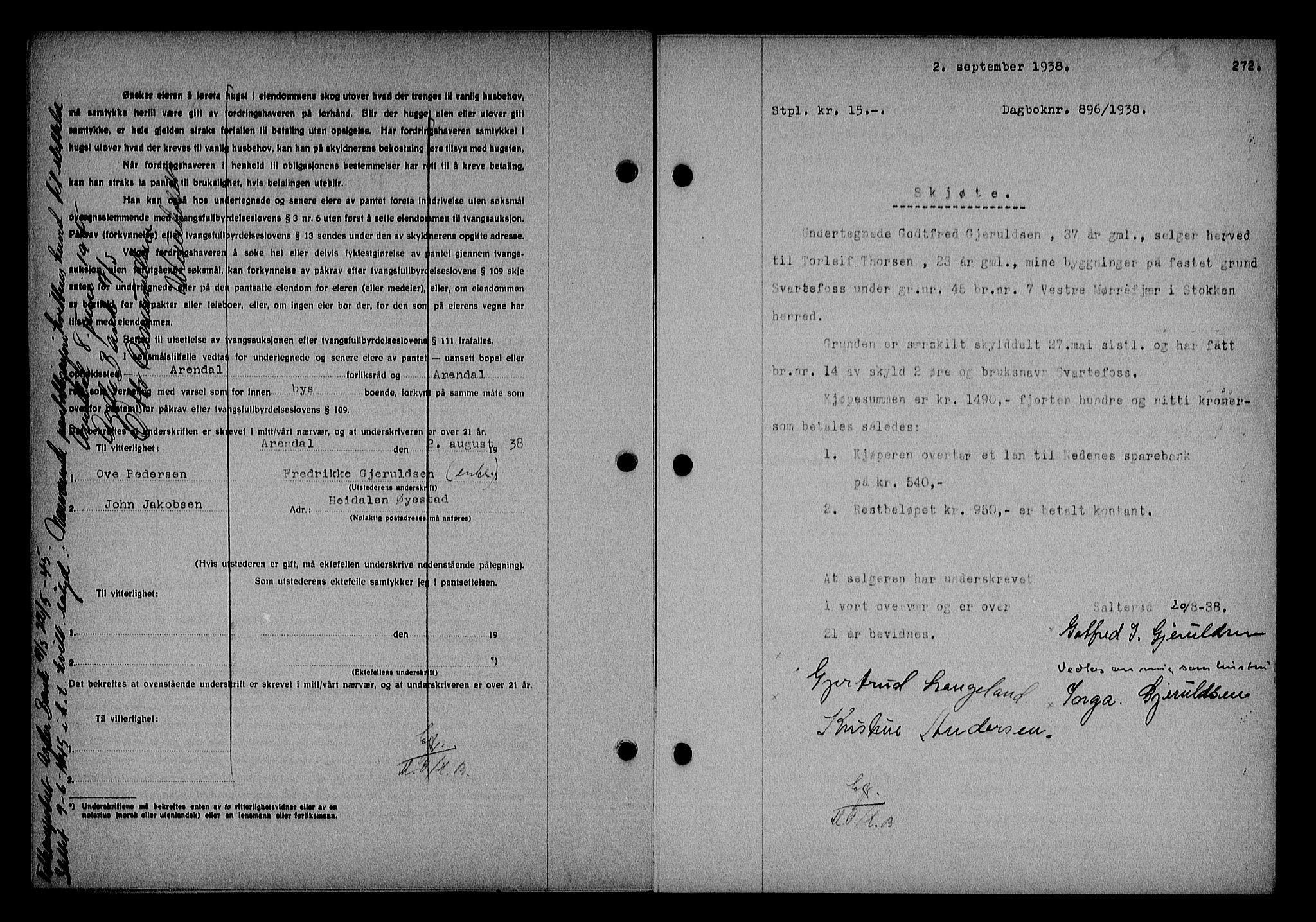 Nedenes sorenskriveri, SAK/1221-0006/G/Gb/Gba/L0045: Mortgage book no. 41, 1938-1938, Diary no: : 896/1938