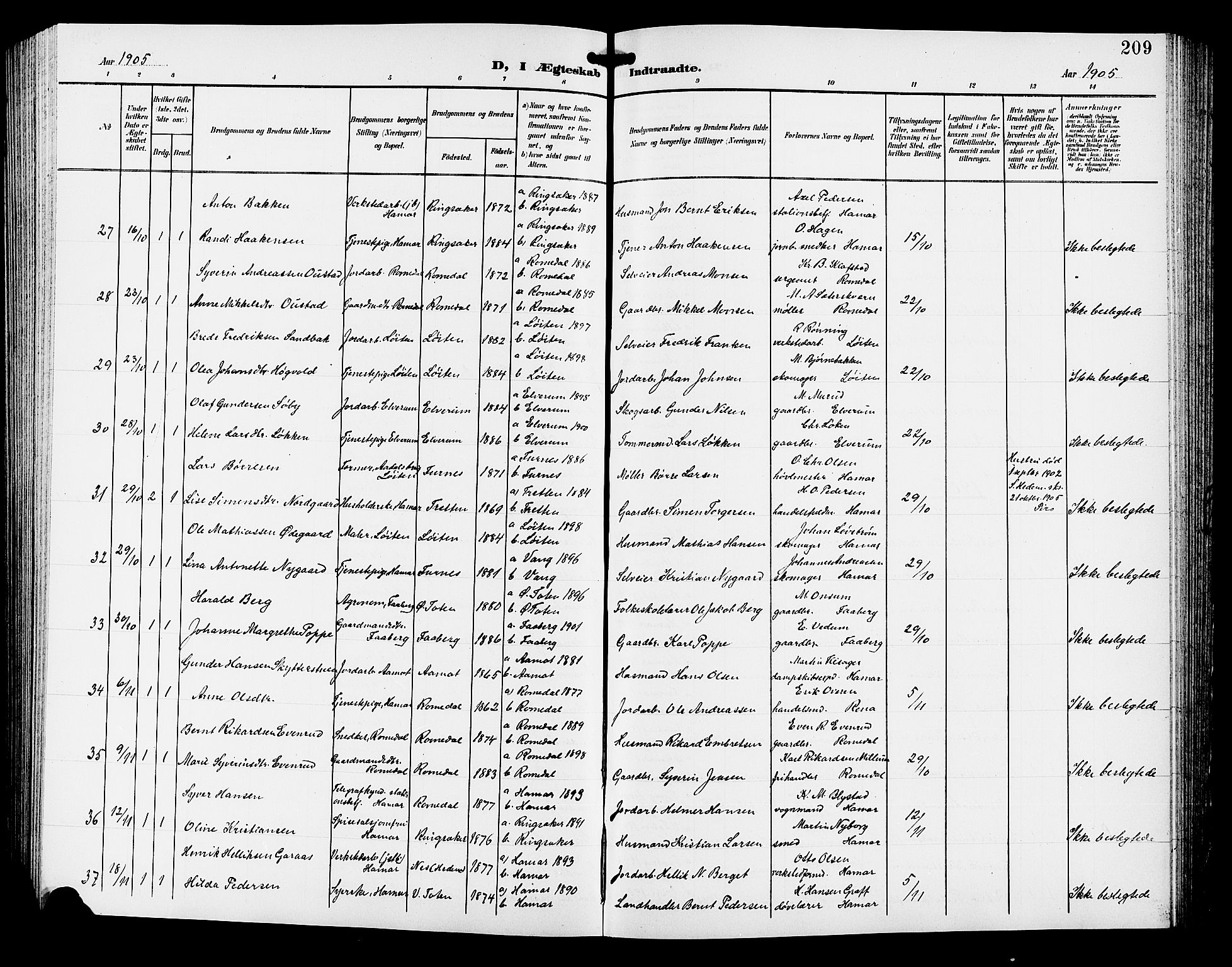 Hamar prestekontor, AV/SAH-DOMPH-002/H/Ha/Hab/L0001: Parish register (copy) no. 1, 1899-1914, p. 209