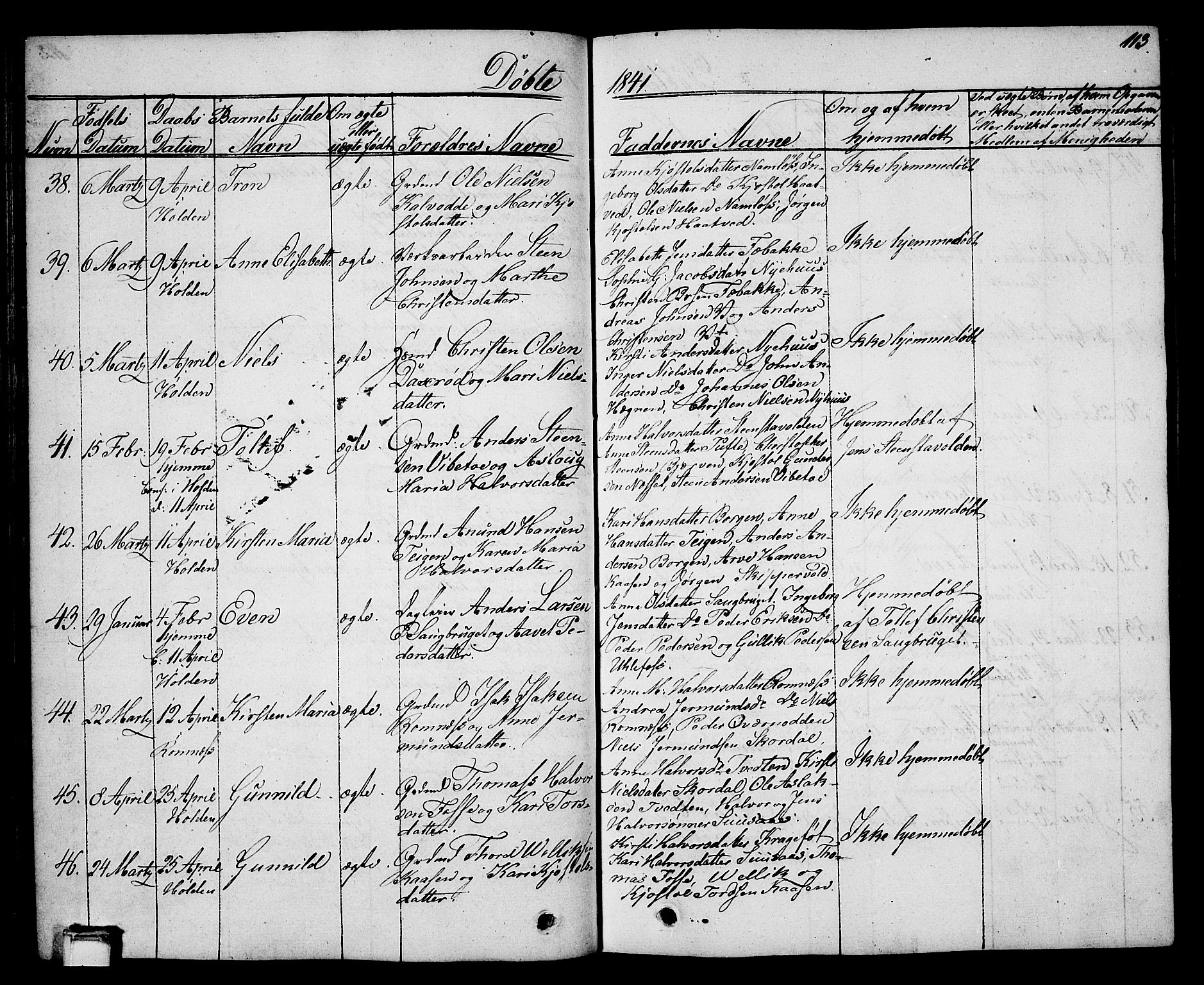 Holla kirkebøker, SAKO/A-272/G/Ga/L0002: Parish register (copy) no. I 2, 1830-1848, p. 113