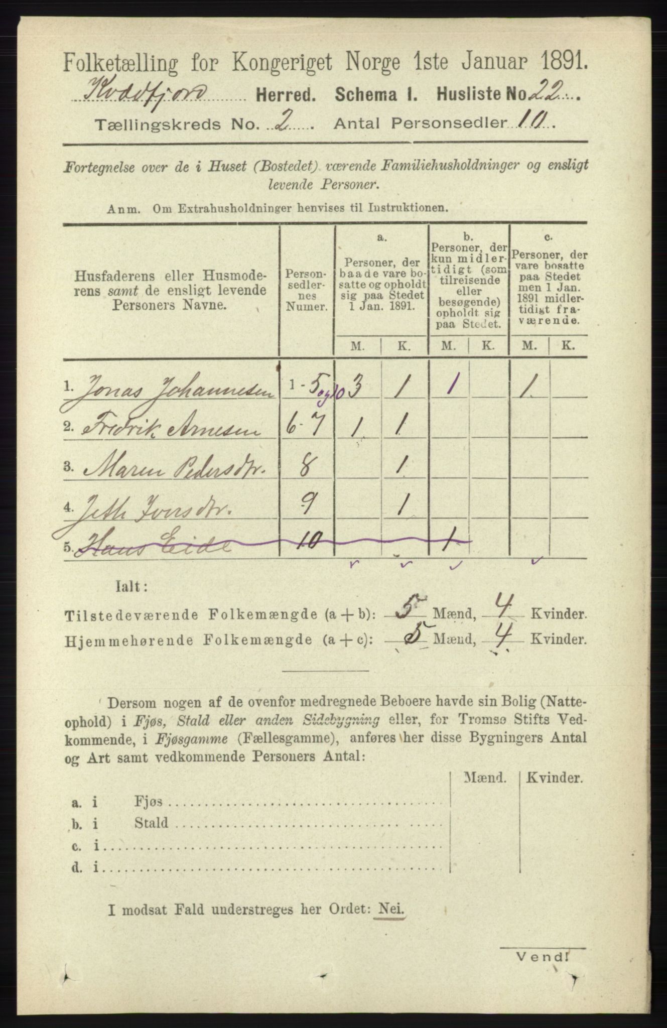 RA, 1891 census for 1911 Kvæfjord, 1891, p. 649