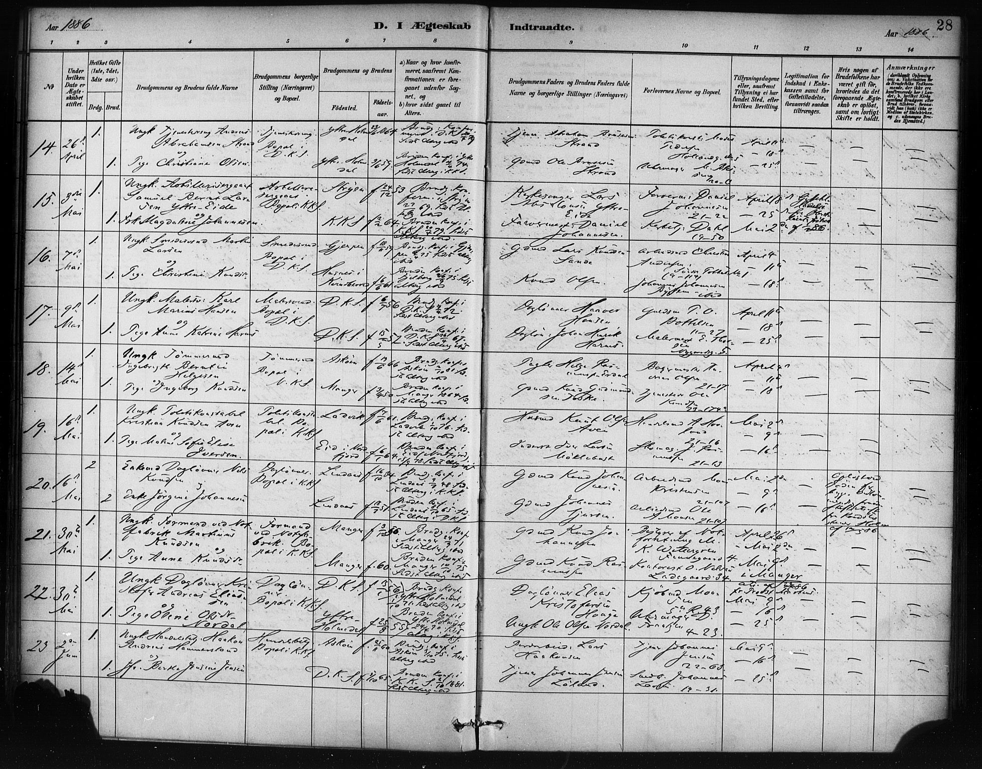 Korskirken sokneprestembete, AV/SAB-A-76101/H/Haa/L0037: Parish register (official) no. D 4, 1883-1904, p. 28