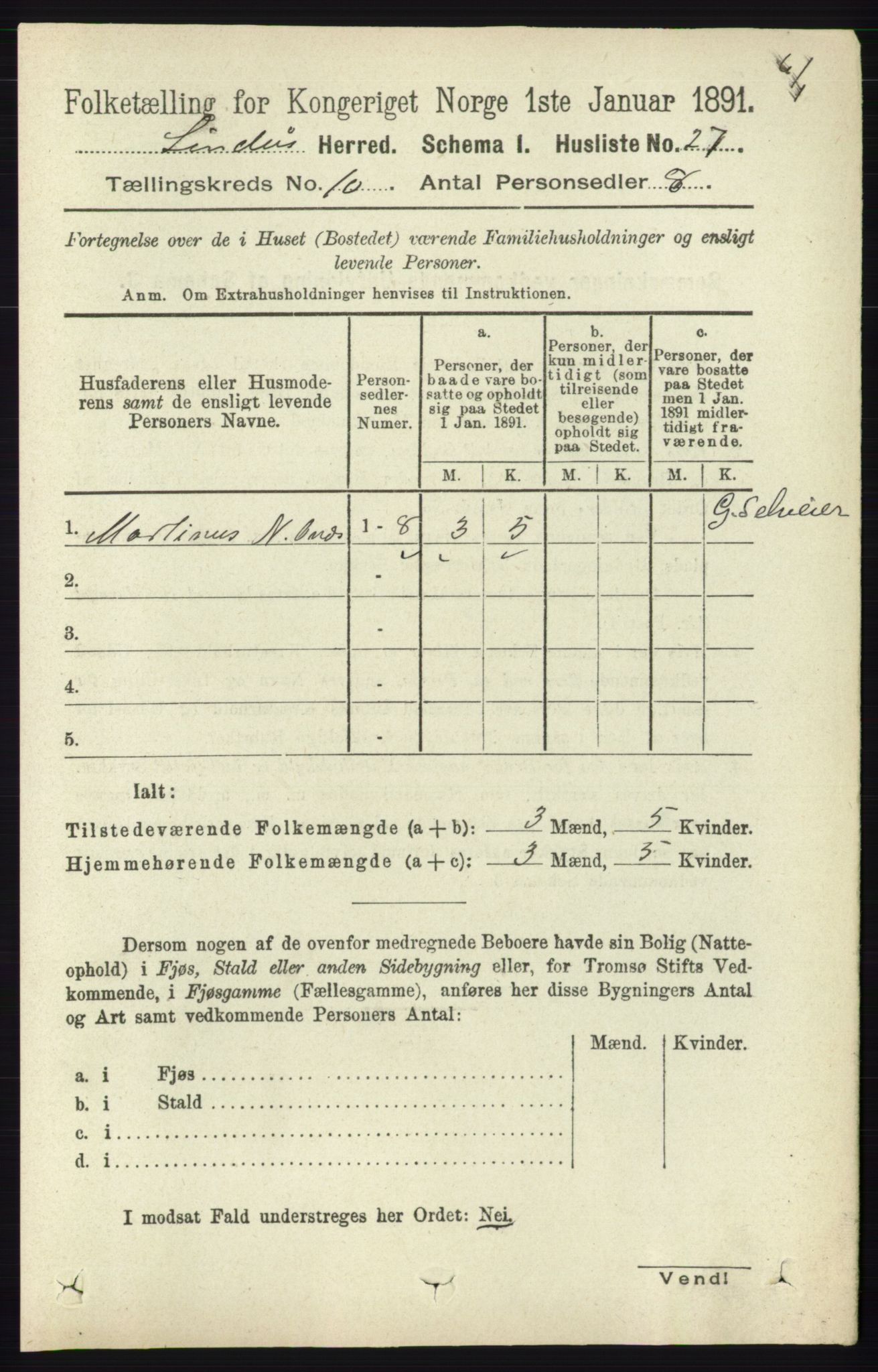 RA, 1891 census for 1263 Lindås, 1891, p. 3401