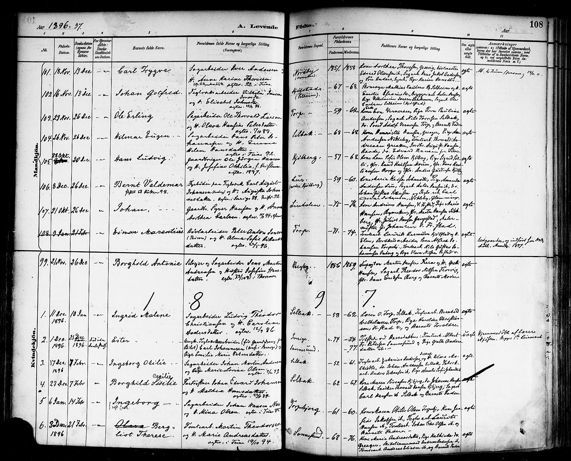 Borge prestekontor Kirkebøker, SAO/A-10903/F/Fa/L0008: Parish register (official) no. I 8A, 1887-1902, p. 108