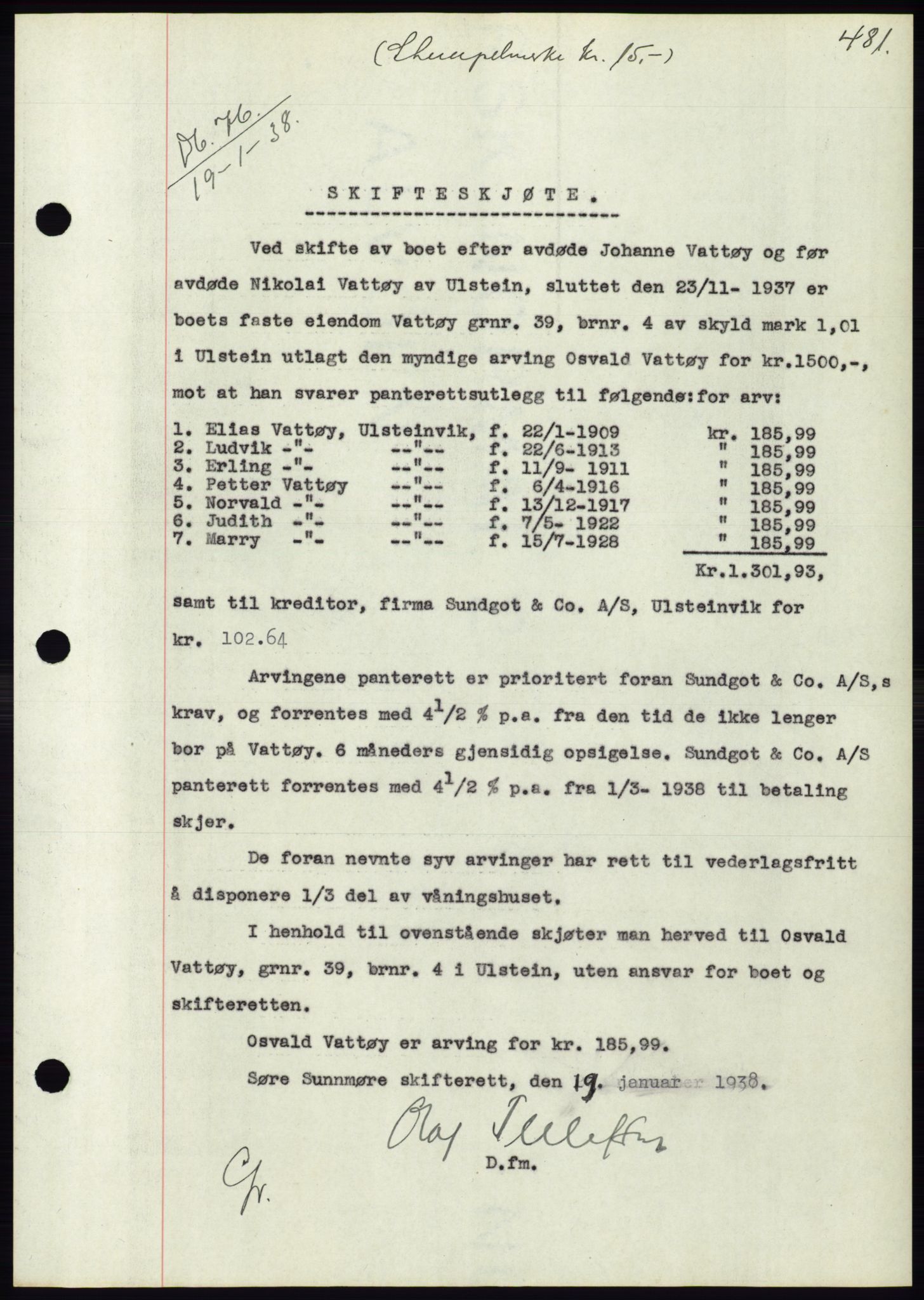 Søre Sunnmøre sorenskriveri, AV/SAT-A-4122/1/2/2C/L0064: Mortgage book no. 58, 1937-1938, Diary no: : 76/1938