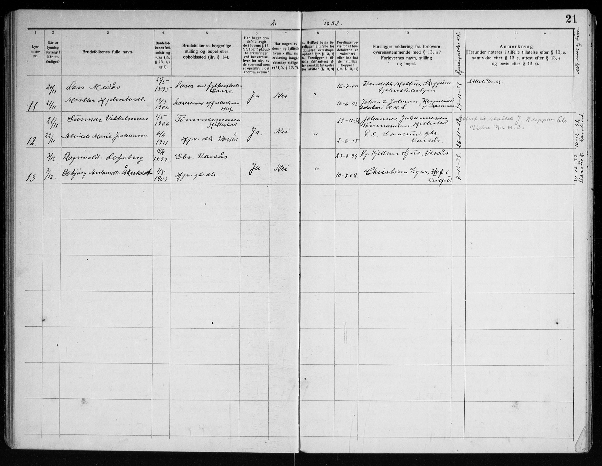 Hof kirkebøker, AV/SAKO-A-64/H/Ha/L0001: Banns register no. 1, 1919-1957, p. 21