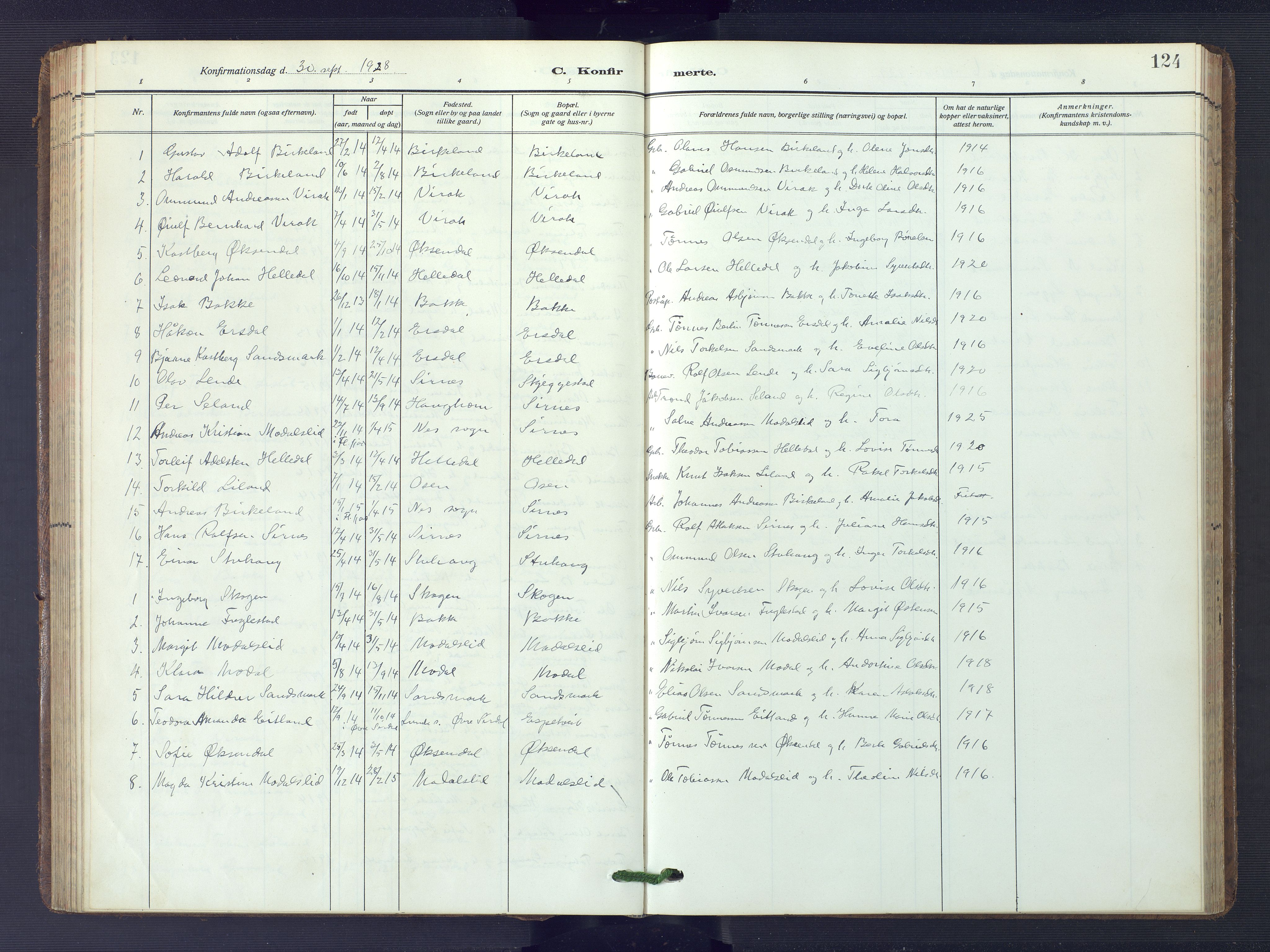 Bakke sokneprestkontor, SAK/1111-0002/F/Fb/Fba/L0004: Parish register (copy) no. B 4, 1911-1946, p. 124