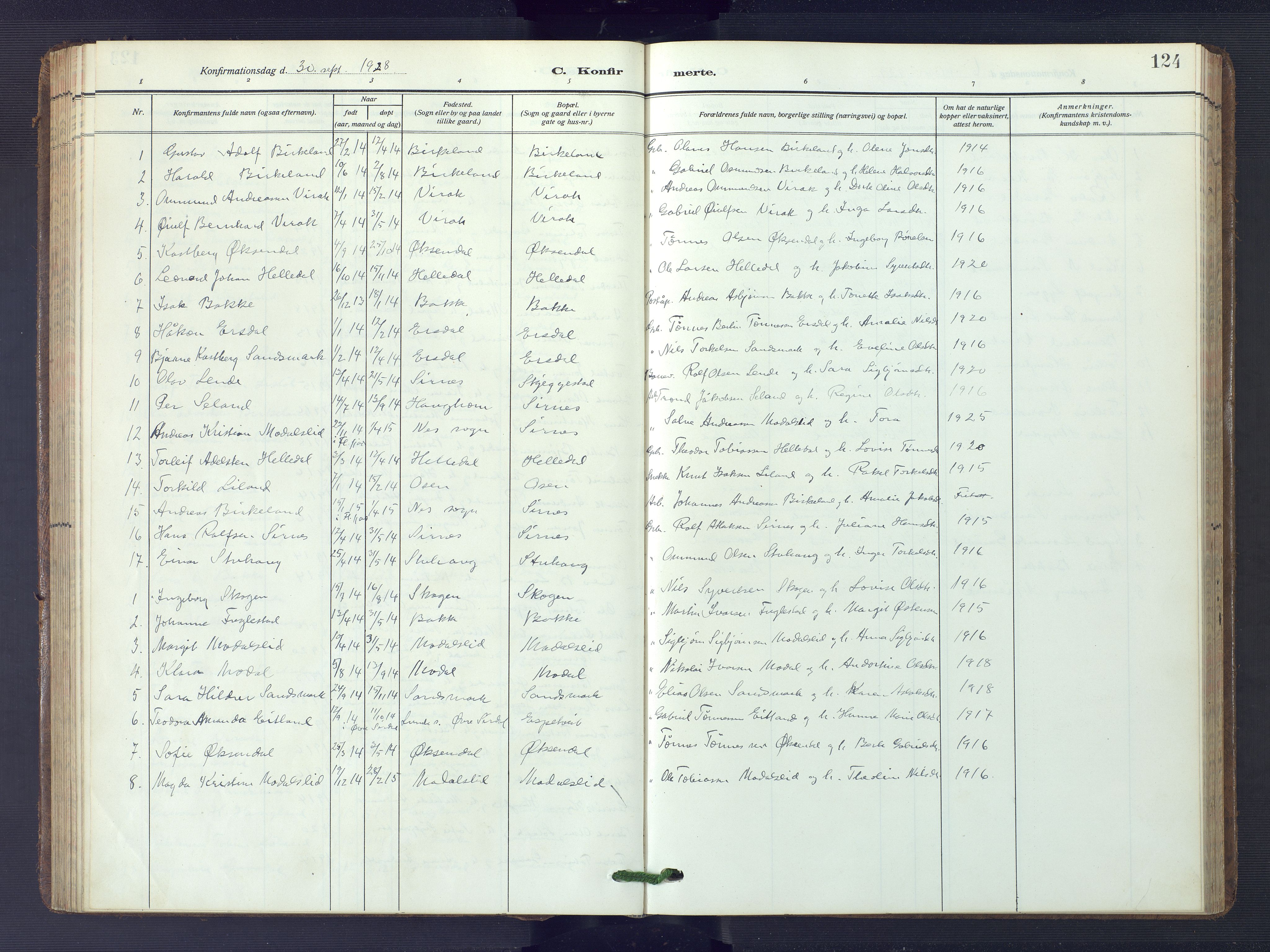 Bakke sokneprestkontor, AV/SAK-1111-0002/F/Fb/Fba/L0004: Parish register (copy) no. B 4, 1911-1946, p. 124