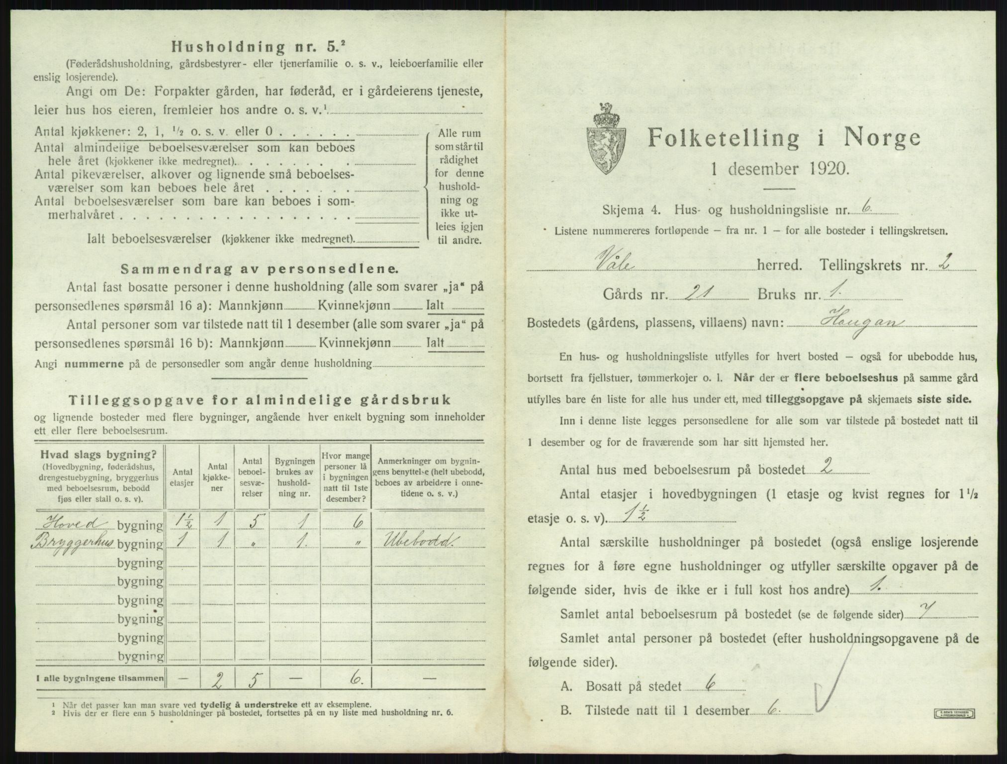 SAKO, 1920 census for Våle, 1920, p. 206