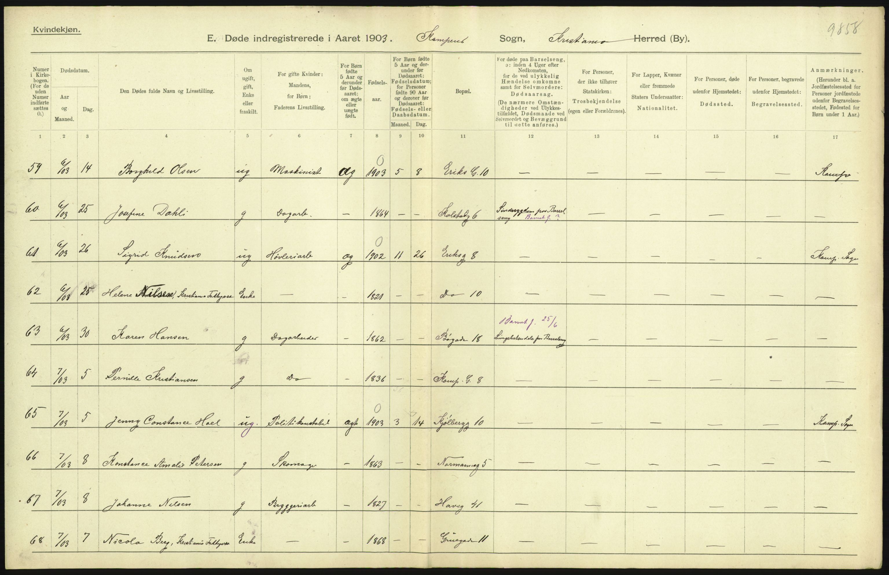 Statistisk sentralbyrå, Sosiodemografiske emner, Befolkning, AV/RA-S-2228/D/Df/Dfa/Dfaa/L0004: Kristiania: Gifte, døde, 1903, p. 247