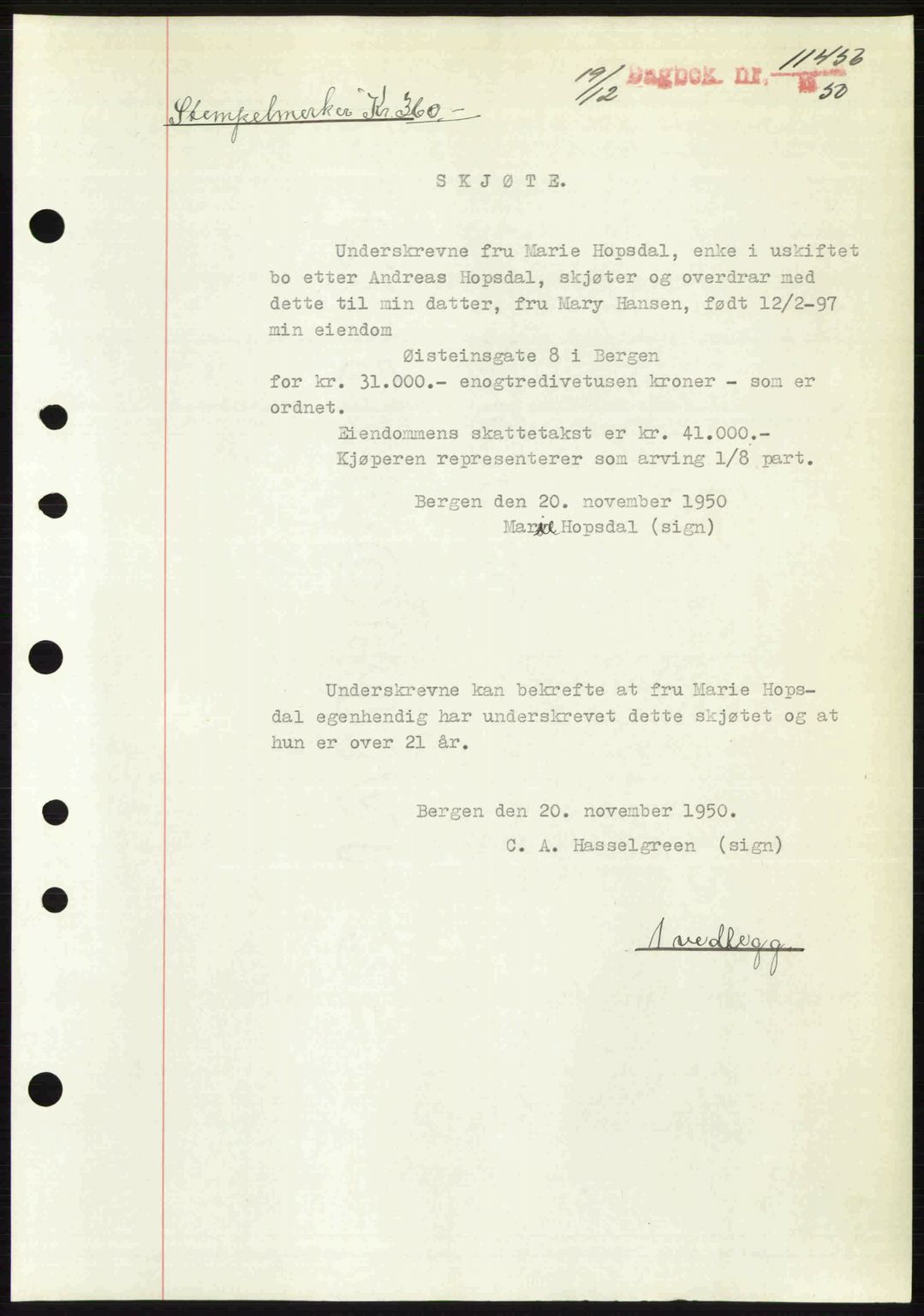 Byfogd og Byskriver i Bergen, SAB/A-3401/03/03Bc/L0034: Mortgage book no. A27-28, 1950-1950, Diary no: : 11456/1950