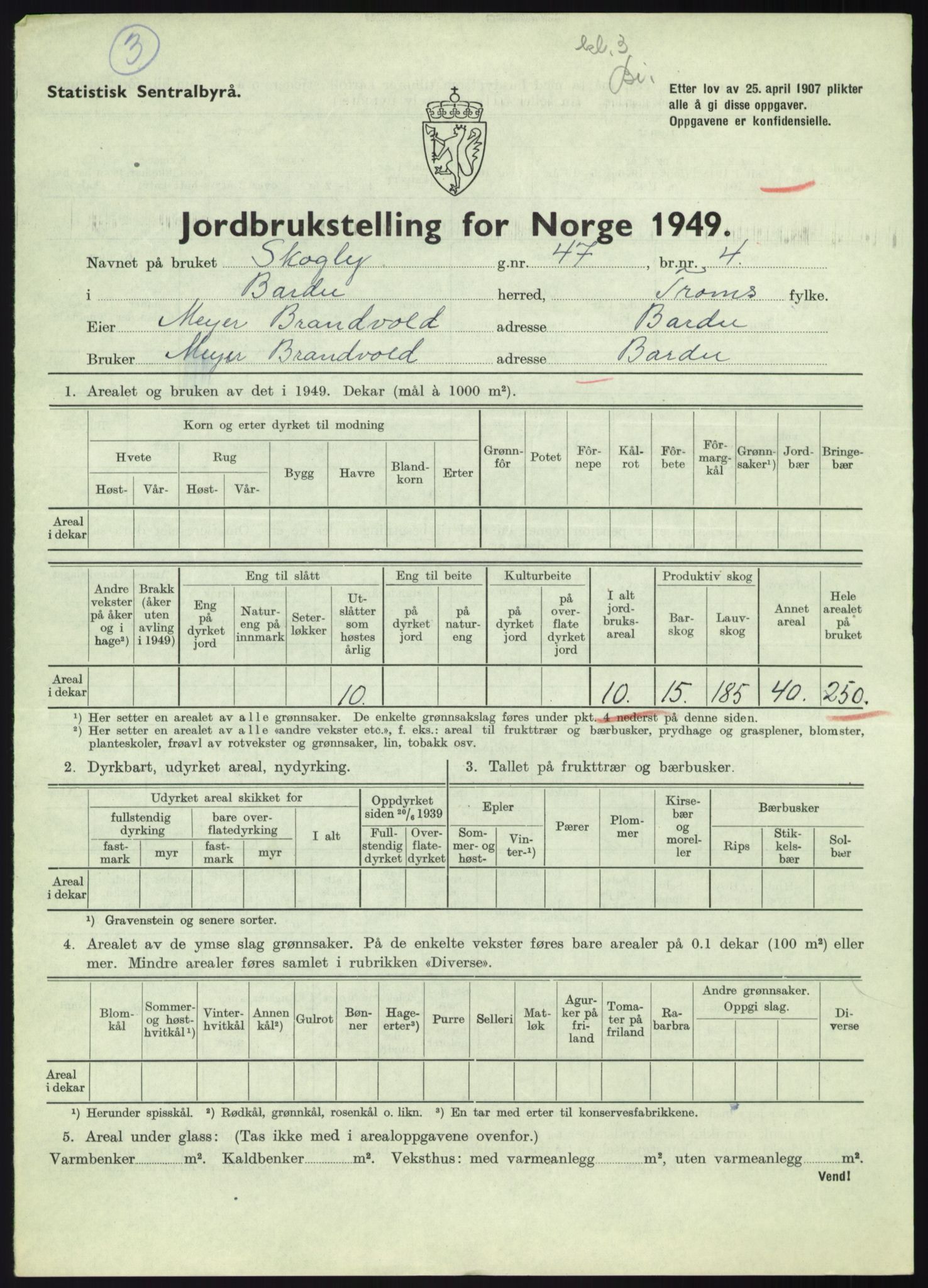Statistisk sentralbyrå, Næringsøkonomiske emner, Jordbruk, skogbruk, jakt, fiske og fangst, AV/RA-S-2234/G/Gc/L0438: Troms: Salangen og Bardu, 1949, p. 947