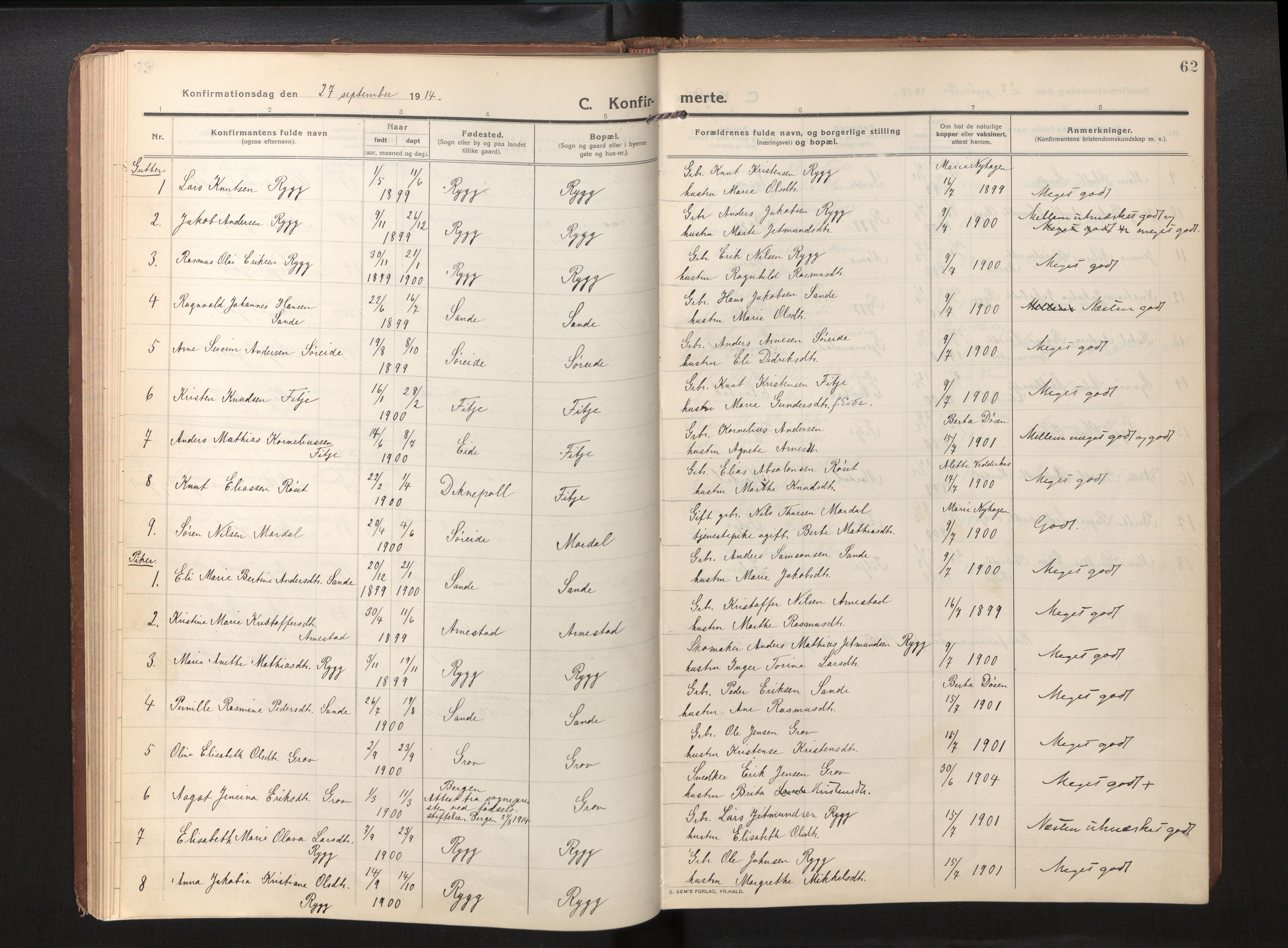 Gloppen sokneprestembete, SAB/A-80101/H/Haa/Haad/L0002: Parish register (official) no. D 2, 1911-1925, p. 61b-62a