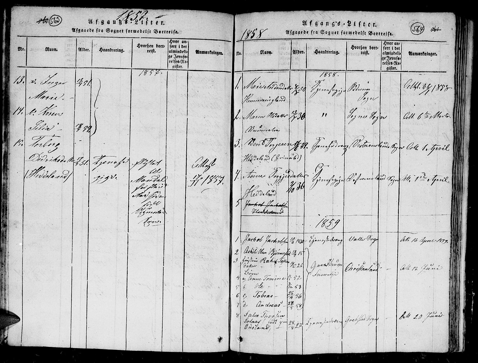 Holum sokneprestkontor, AV/SAK-1111-0022/F/Fb/Fbc/L0001: Parish register (copy) no. B 1, 1820-1859, p. 563-564