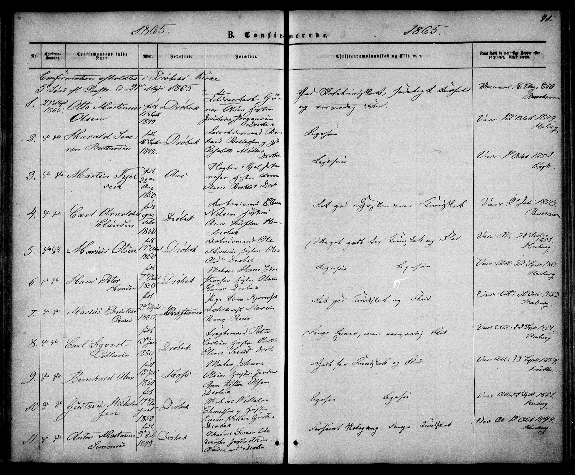 Drøbak prestekontor Kirkebøker, SAO/A-10142a/F/Fa/L0002: Parish register (official) no. I 2, 1858-1870, p. 41