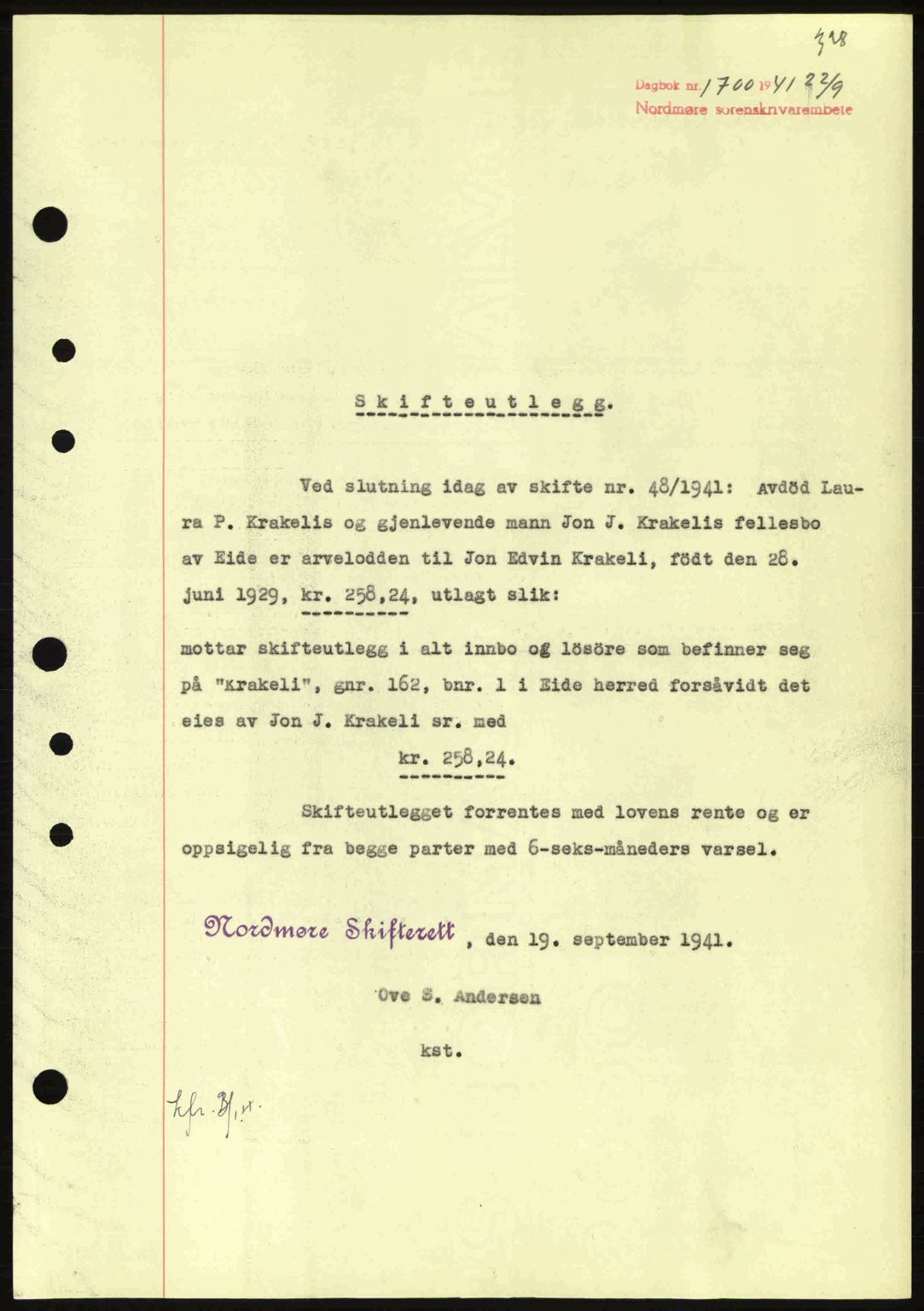 Nordmøre sorenskriveri, AV/SAT-A-4132/1/2/2Ca: Mortgage book no. B88, 1941-1942, Diary no: : 1700/1941