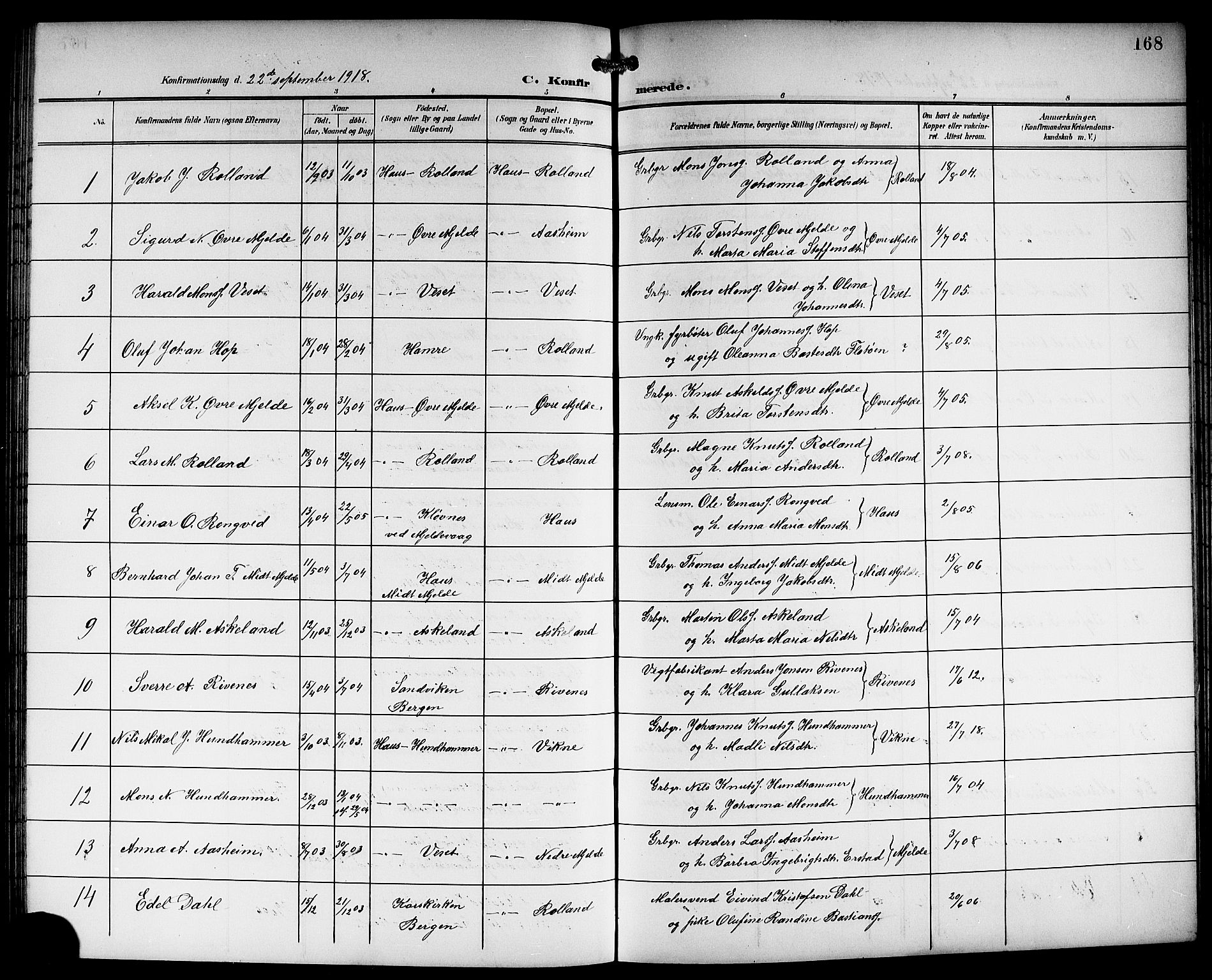 Haus sokneprestembete, SAB/A-75601/H/Hab: Parish register (copy) no. B 4, 1900-1921, p. 168