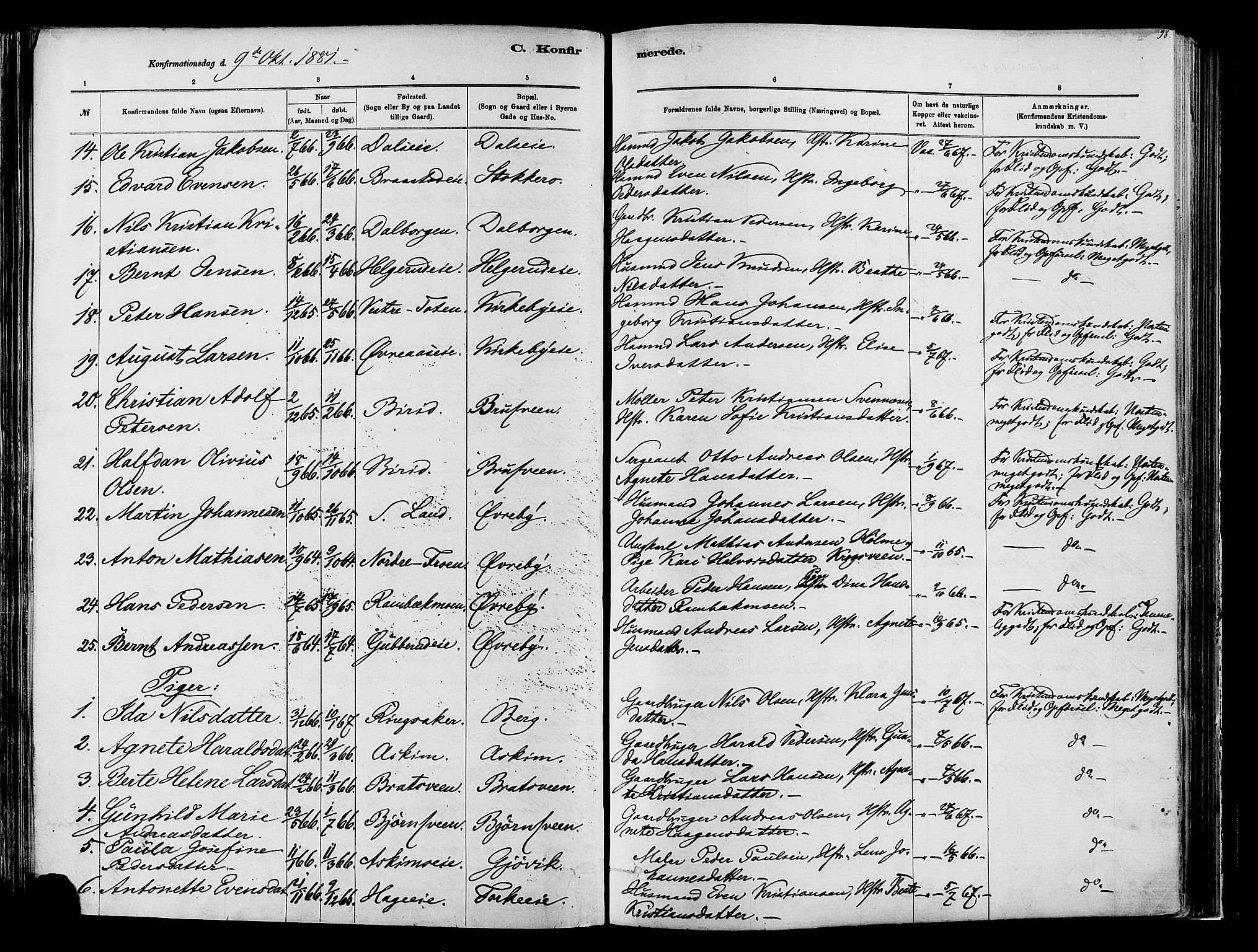 Vardal prestekontor, AV/SAH-PREST-100/H/Ha/Haa/L0009: Parish register (official) no. 9, 1878-1892, p. 98