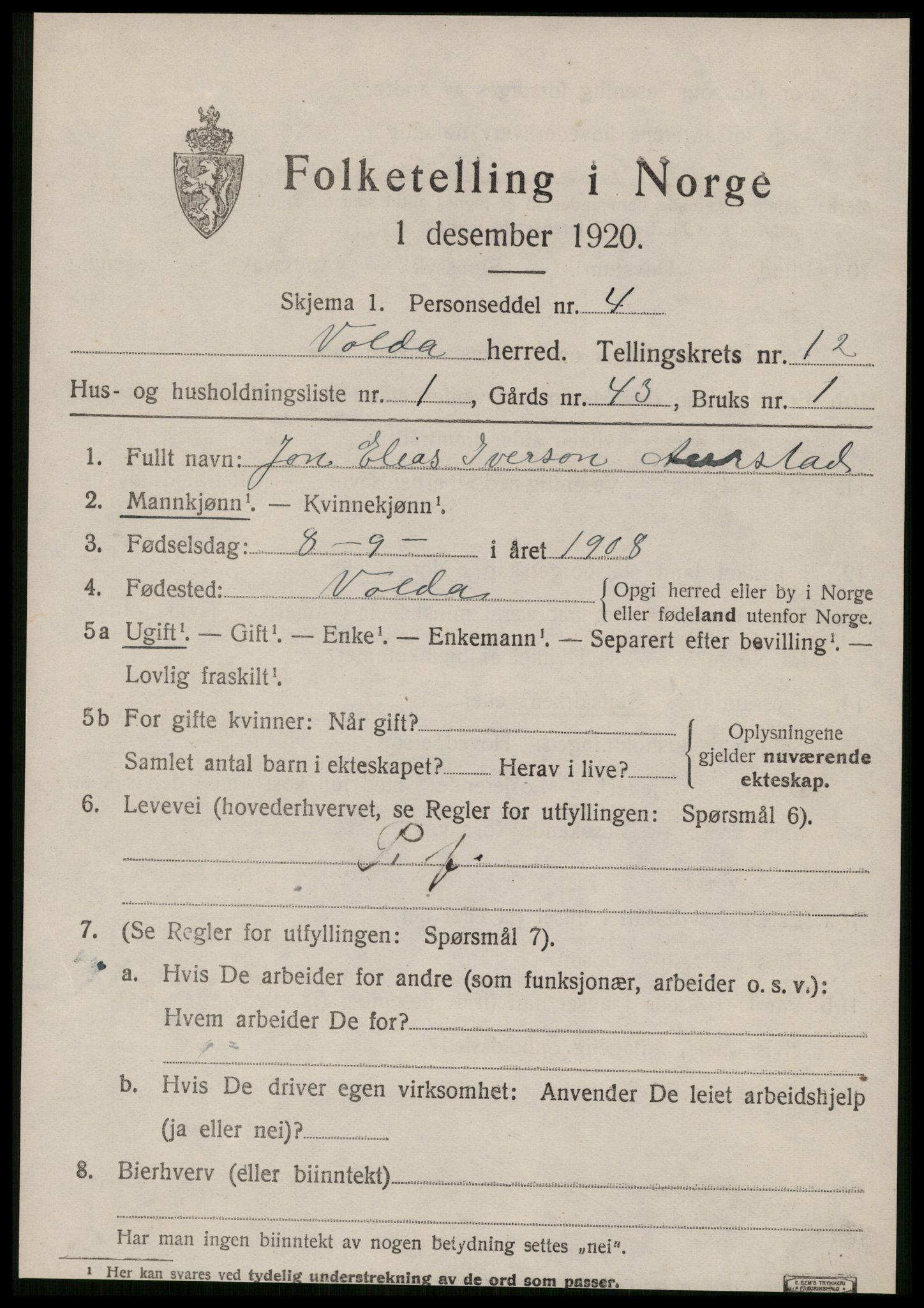 SAT, 1920 census for Volda, 1920, p. 8290