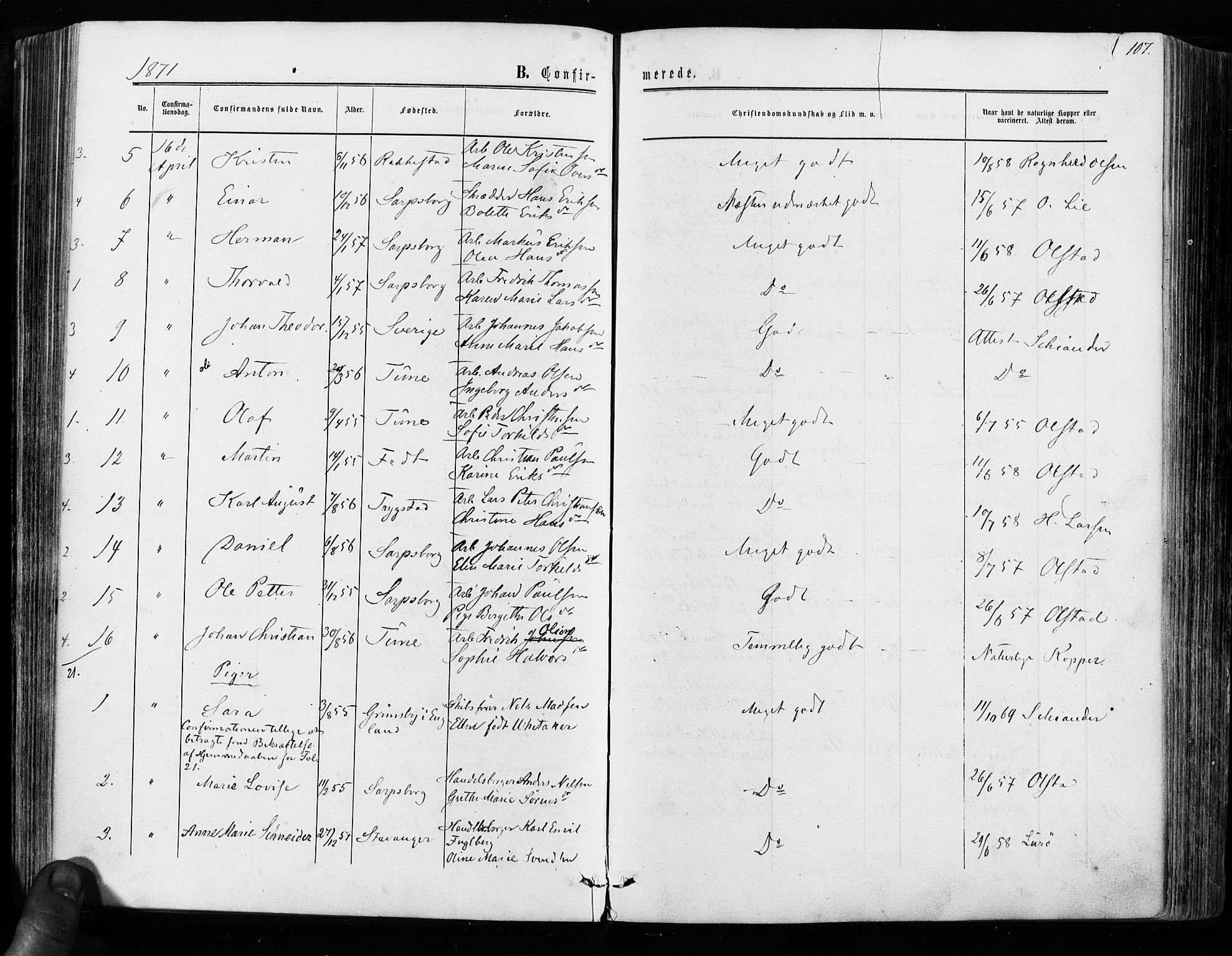 Sarpsborg prestekontor Kirkebøker, SAO/A-2006/F/Fa/L0002: Parish register (official) no. 2, 1869-1877, p. 107