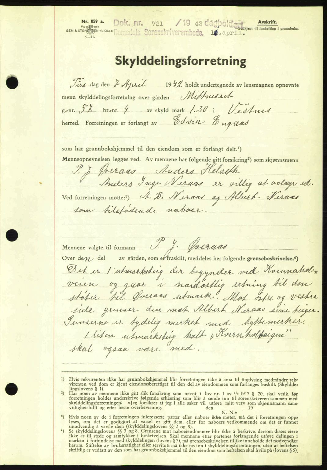 Romsdal sorenskriveri, AV/SAT-A-4149/1/2/2C: Mortgage book no. A12, 1942-1942, Diary no: : 721/1942