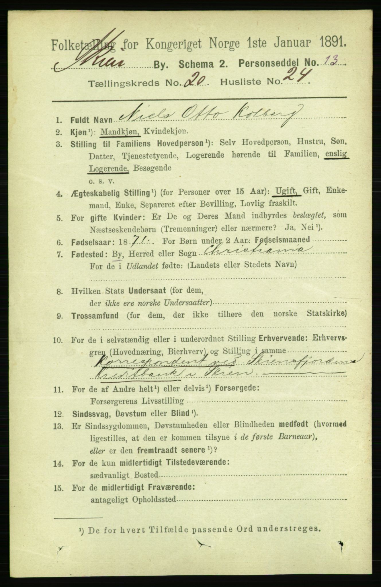 RA, 1891 census for 0806 Skien, 1891, p. 5400