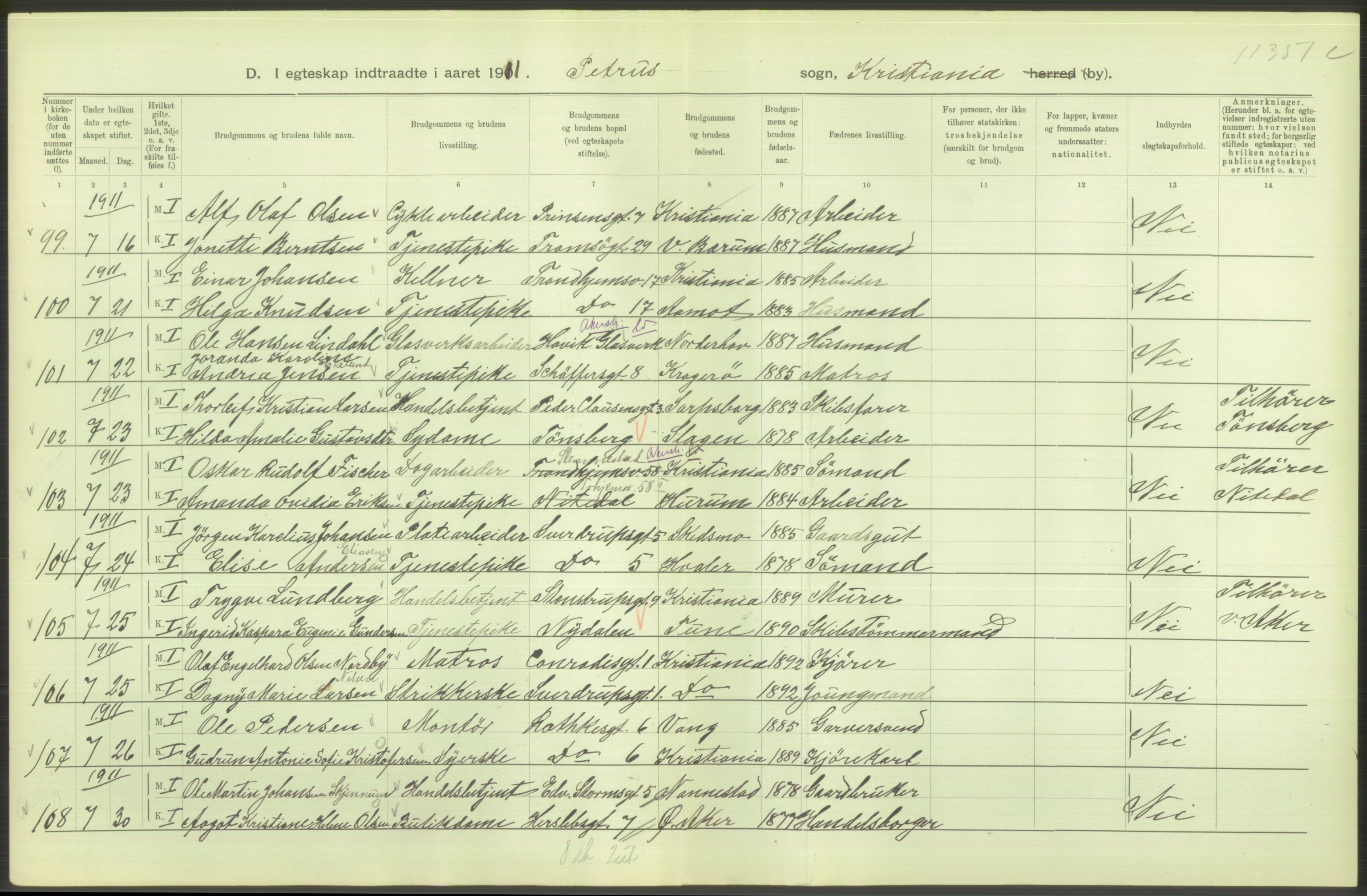 Statistisk sentralbyrå, Sosiodemografiske emner, Befolkning, AV/RA-S-2228/D/Df/Dfb/Dfba/L0008: Kristiania: Gifte, 1911, p. 24