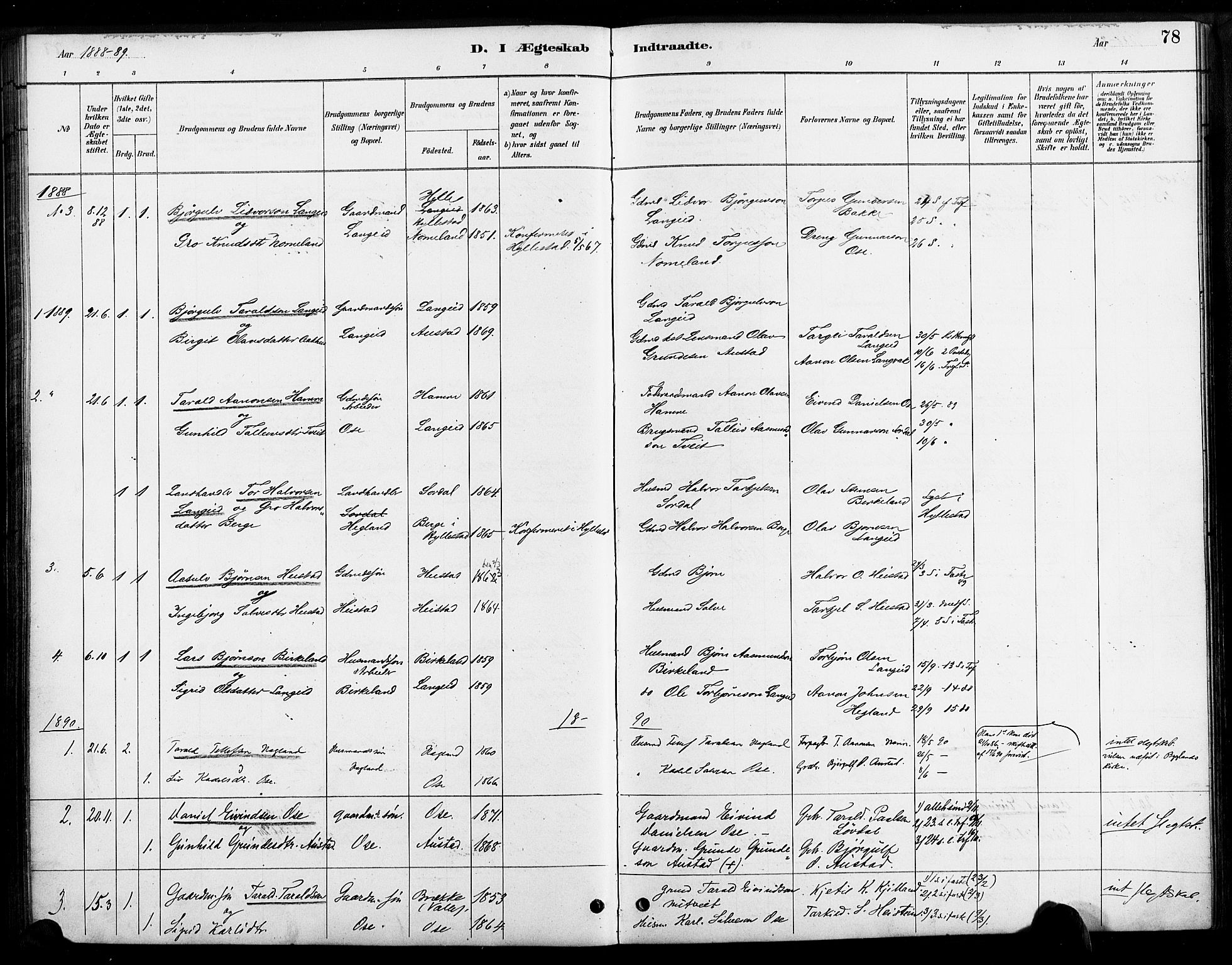 Bygland sokneprestkontor, SAK/1111-0006/F/Fa/Faa/L0001: Parish register (official) no. A 1, 1885-1908, p. 78