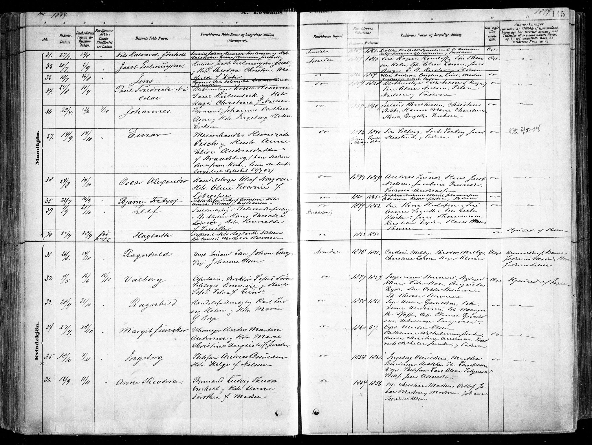 Arendal sokneprestkontor, Trefoldighet, AV/SAK-1111-0040/F/Fa/L0008: Parish register (official) no. A 8, 1878-1899, p. 145