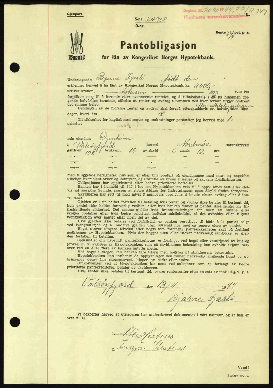 Nordmøre sorenskriveri, AV/SAT-A-4132/1/2/2Ca: Mortgage book no. B92, 1944-1945, Diary no: : 2020/1944