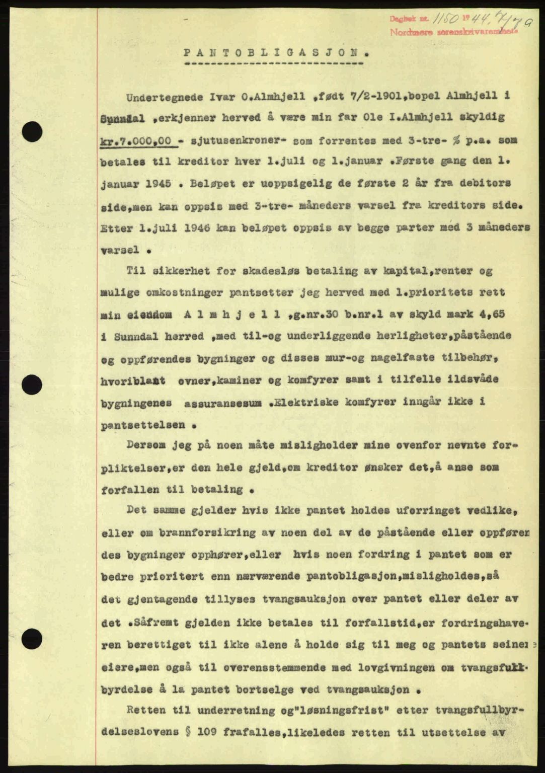 Nordmøre sorenskriveri, AV/SAT-A-4132/1/2/2Ca: Mortgage book no. B92, 1944-1945, Diary no: : 1150/1944