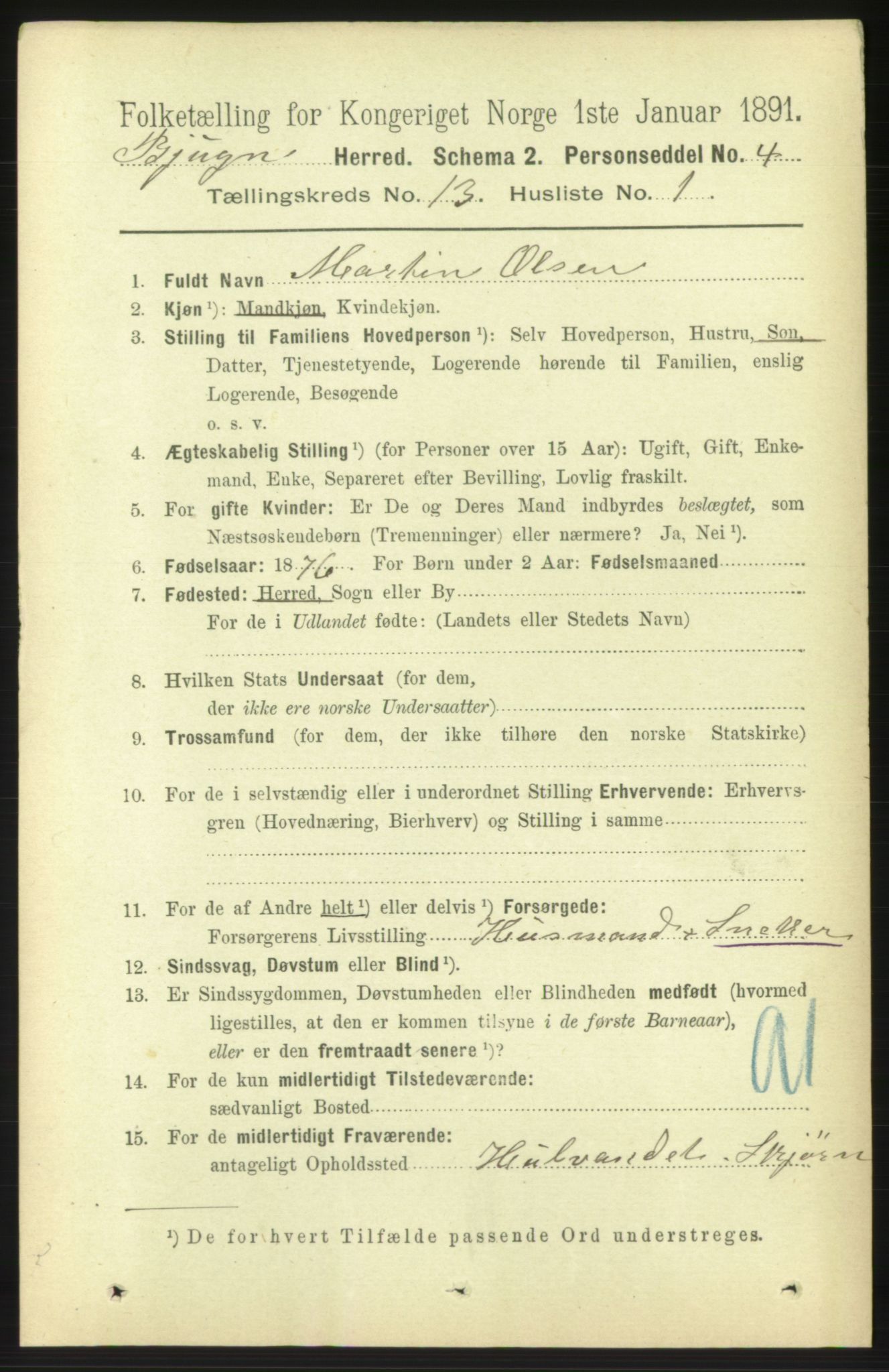 RA, 1891 census for 1627 Bjugn, 1891, p. 3761