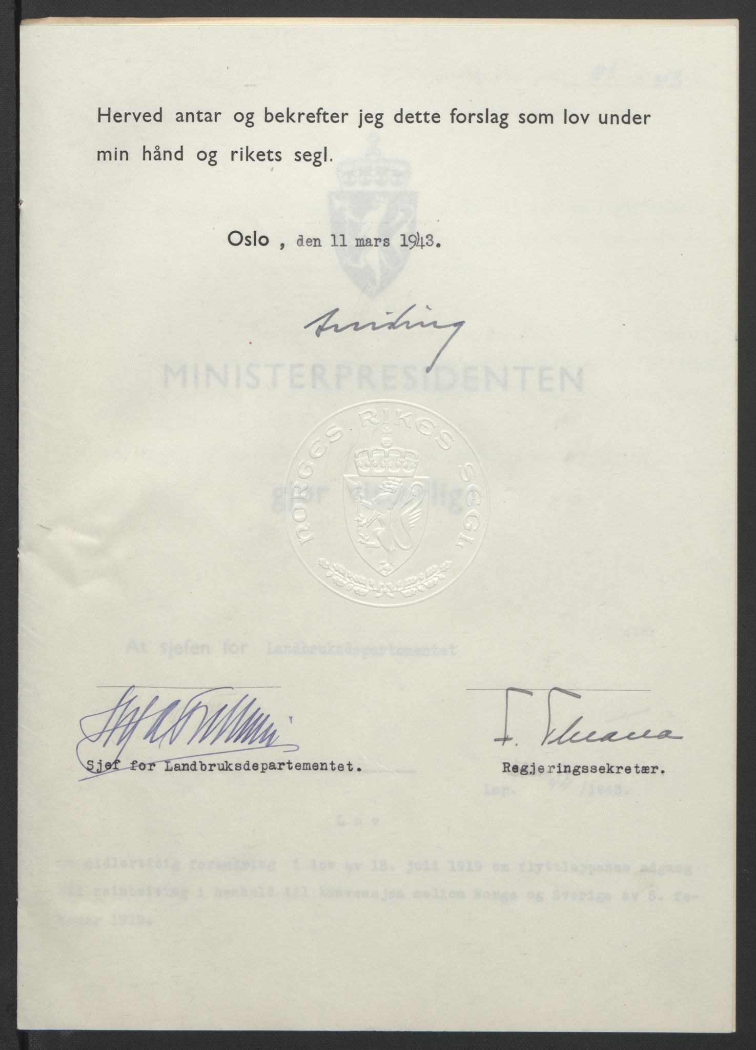 NS-administrasjonen 1940-1945 (Statsrådsekretariatet, de kommisariske statsråder mm), RA/S-4279/D/Db/L0099: Lover, 1943, p. 195