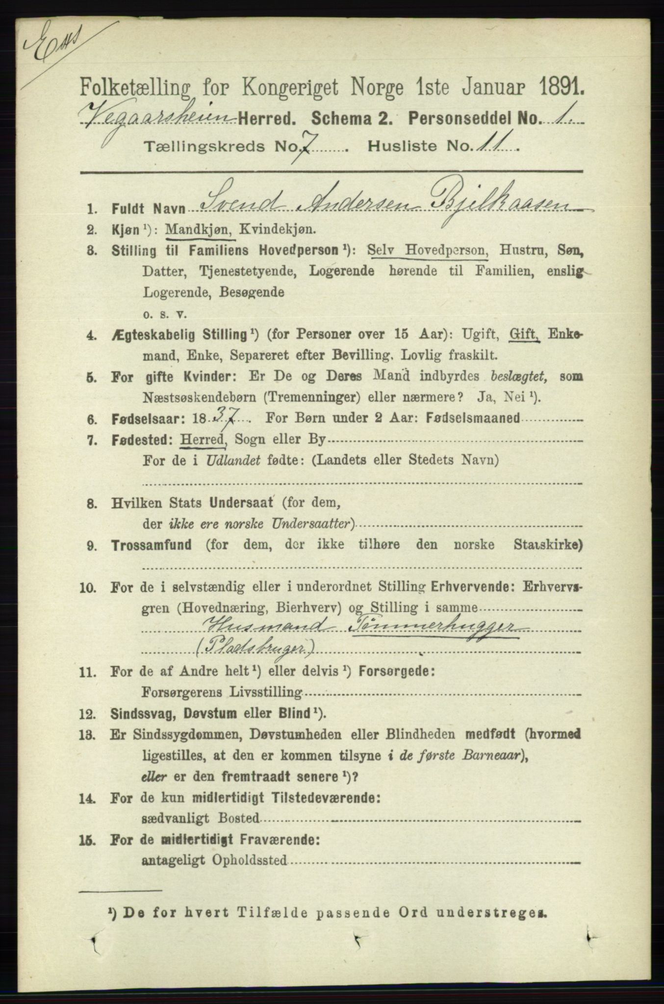 RA, Census 1891 for Nedenes amt: Gjenparter av personsedler for beslektede ektefeller, menn, 1891, p. 92