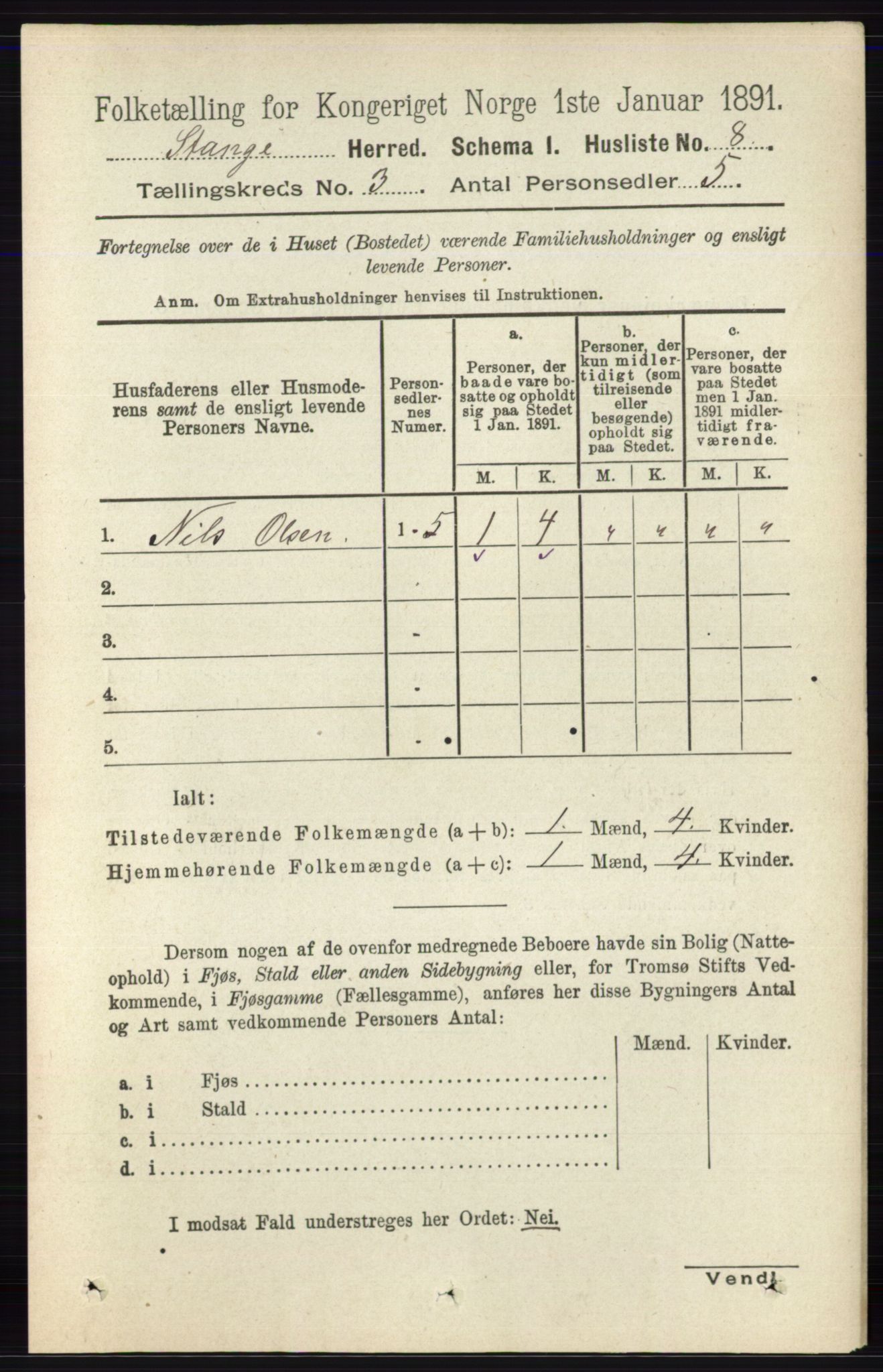 RA, 1891 census for 0417 Stange, 1891, p. 1539