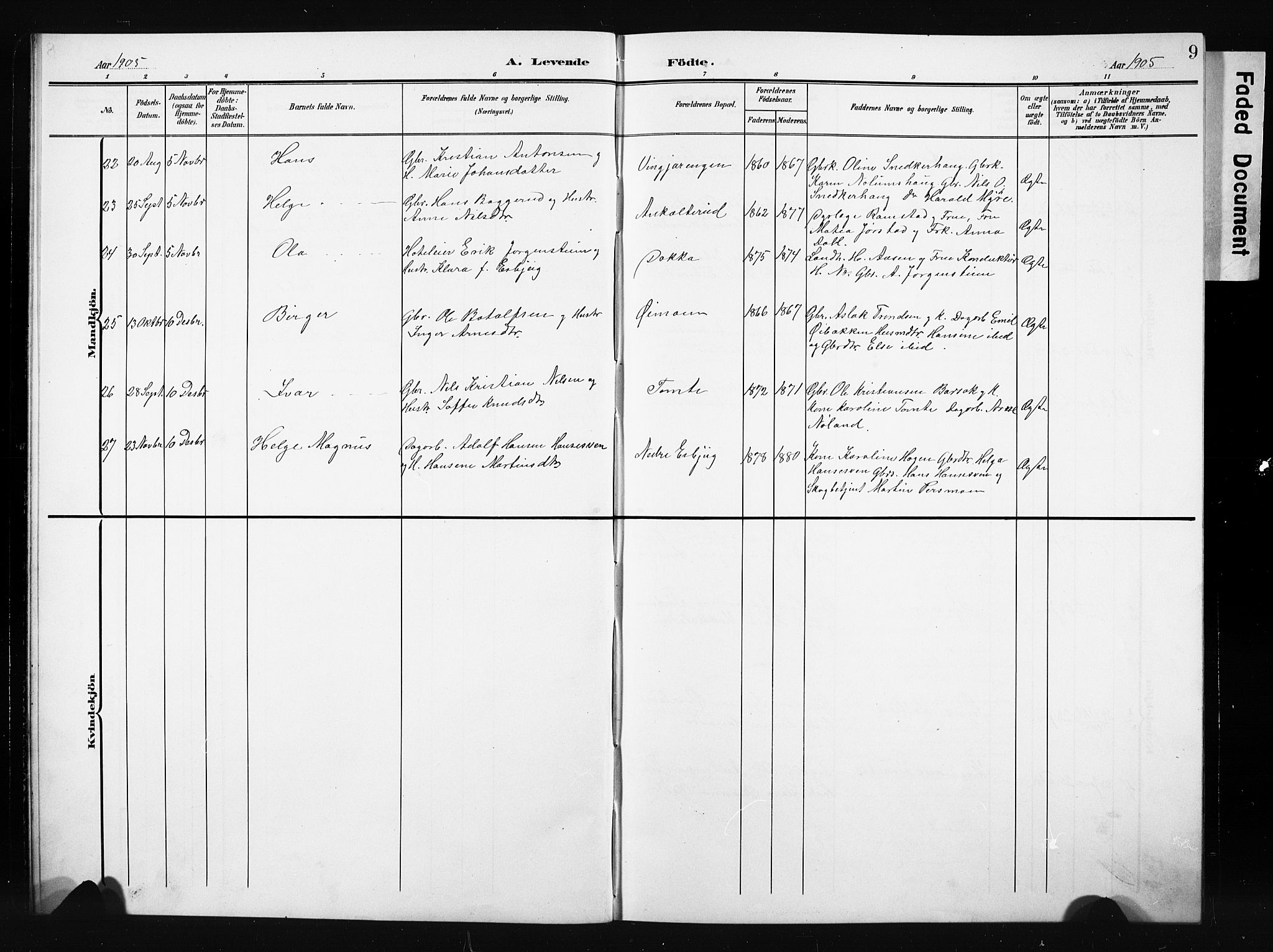 Nordre Land prestekontor, SAH/PREST-124/H/Ha/Hab/L0006: Parish register (copy) no. 6, 1905-1929, p. 9