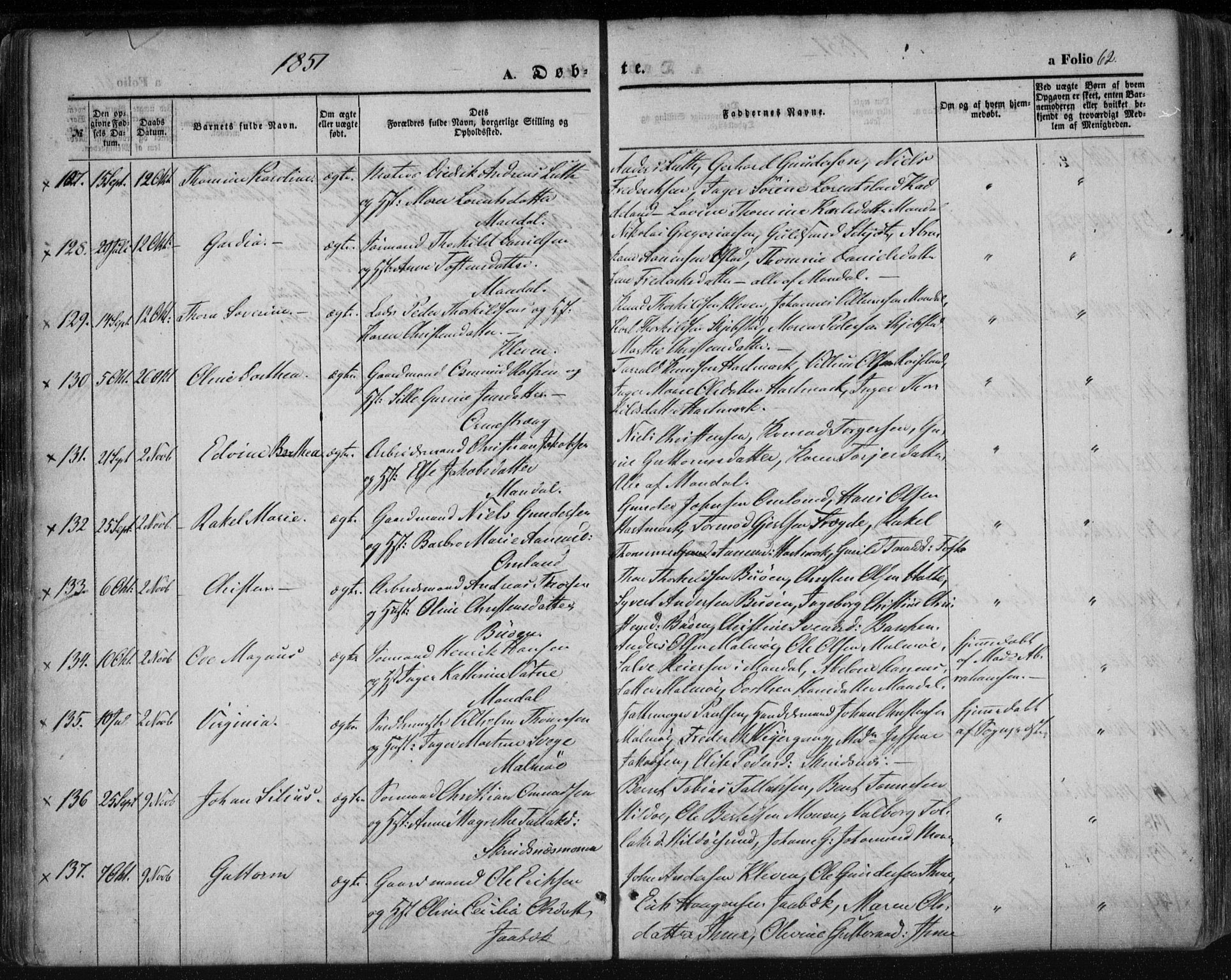 Mandal sokneprestkontor, AV/SAK-1111-0030/F/Fa/Faa/L0013: Parish register (official) no. A 13, 1847-1859, p. 62