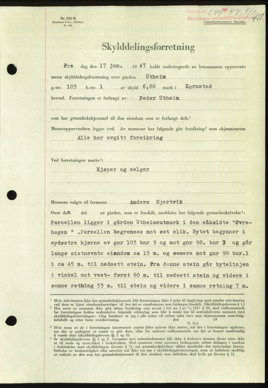 Nordmøre sorenskriveri, AV/SAT-A-4132/1/2/2Ca: Mortgage book no. A104, 1947-1947, Diary no: : 549/1947