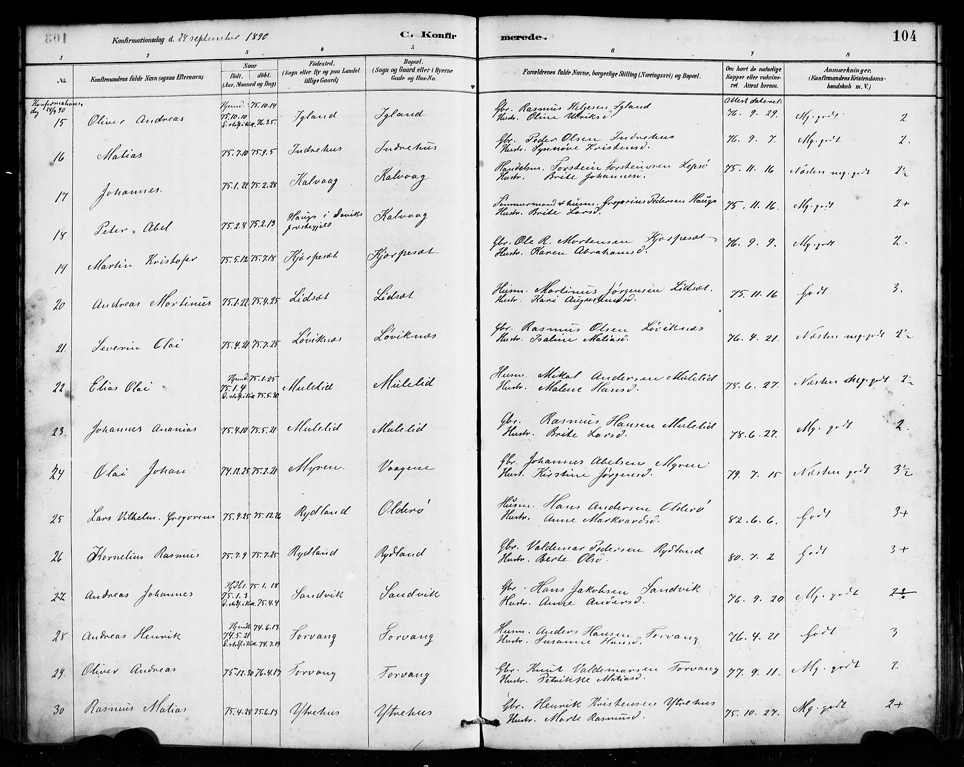 Bremanger sokneprestembete, AV/SAB-A-82201/H/Haa/Haab/L0001: Parish register (official) no. B 1, 1884-1895, p. 104