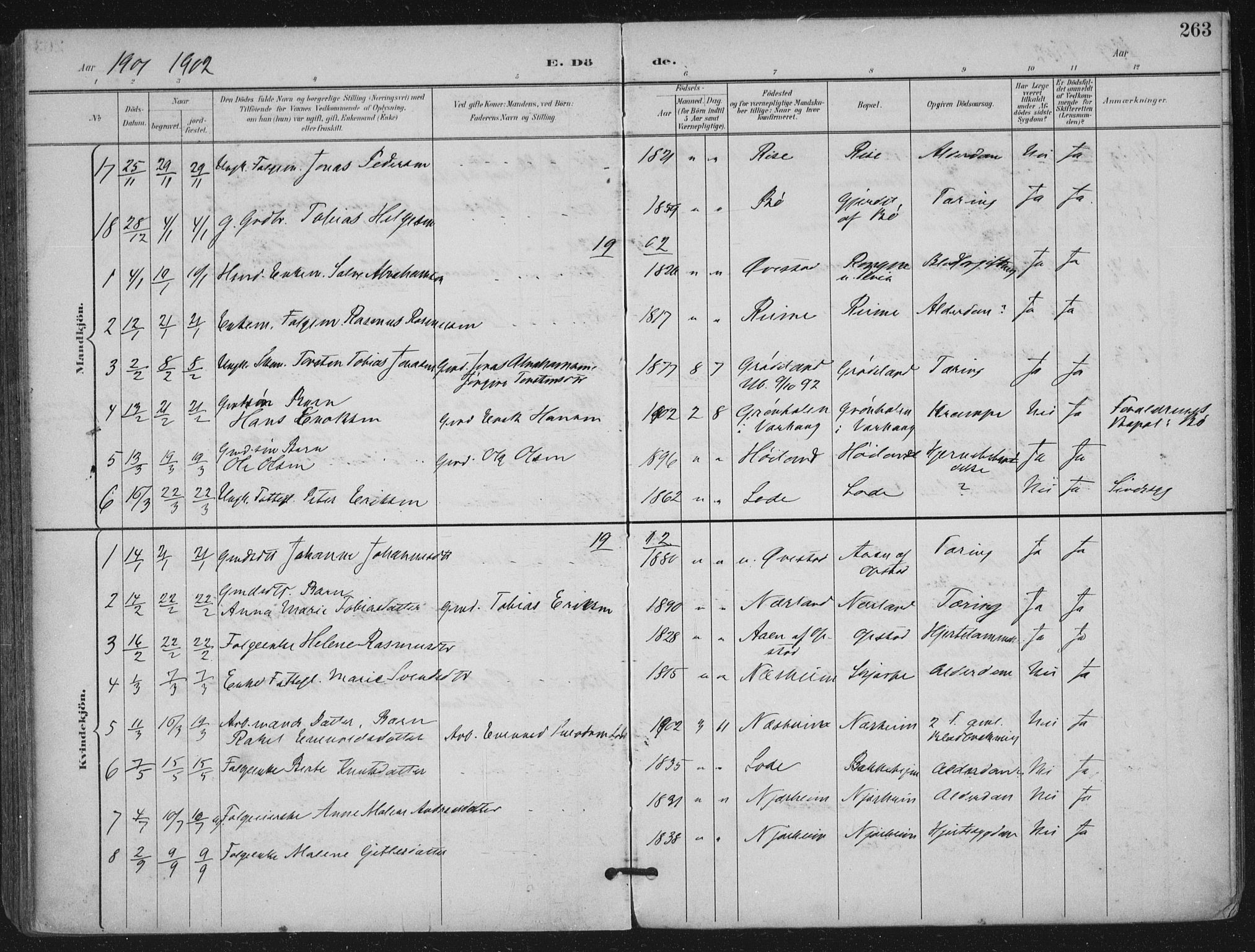 Hå sokneprestkontor, AV/SAST-A-101801/001/30BA/L0012: Parish register (official) no. A 11, 1897-1924, p. 263